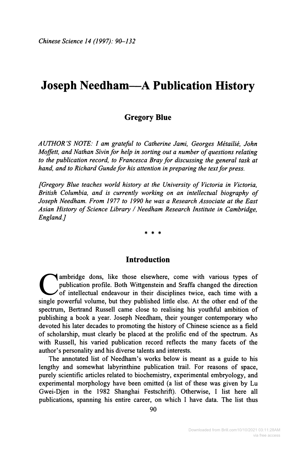 Joseph Needham-A Publication History