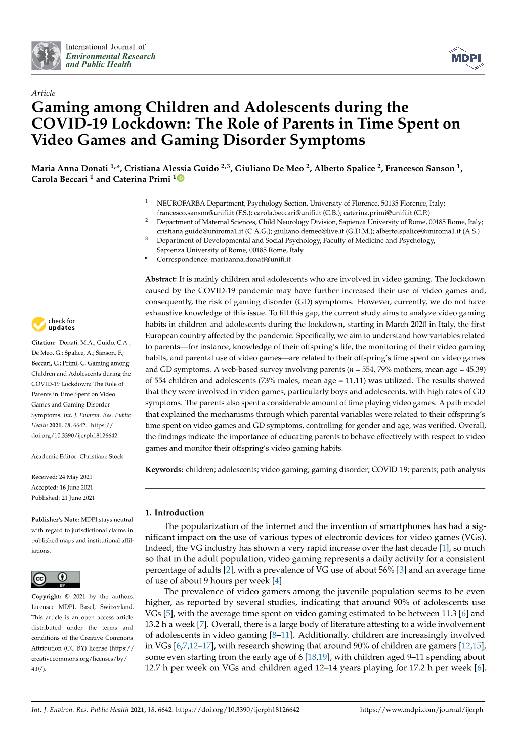 The Role of Parents in Time Spent on Video Games and Gaming Disorder Symptoms