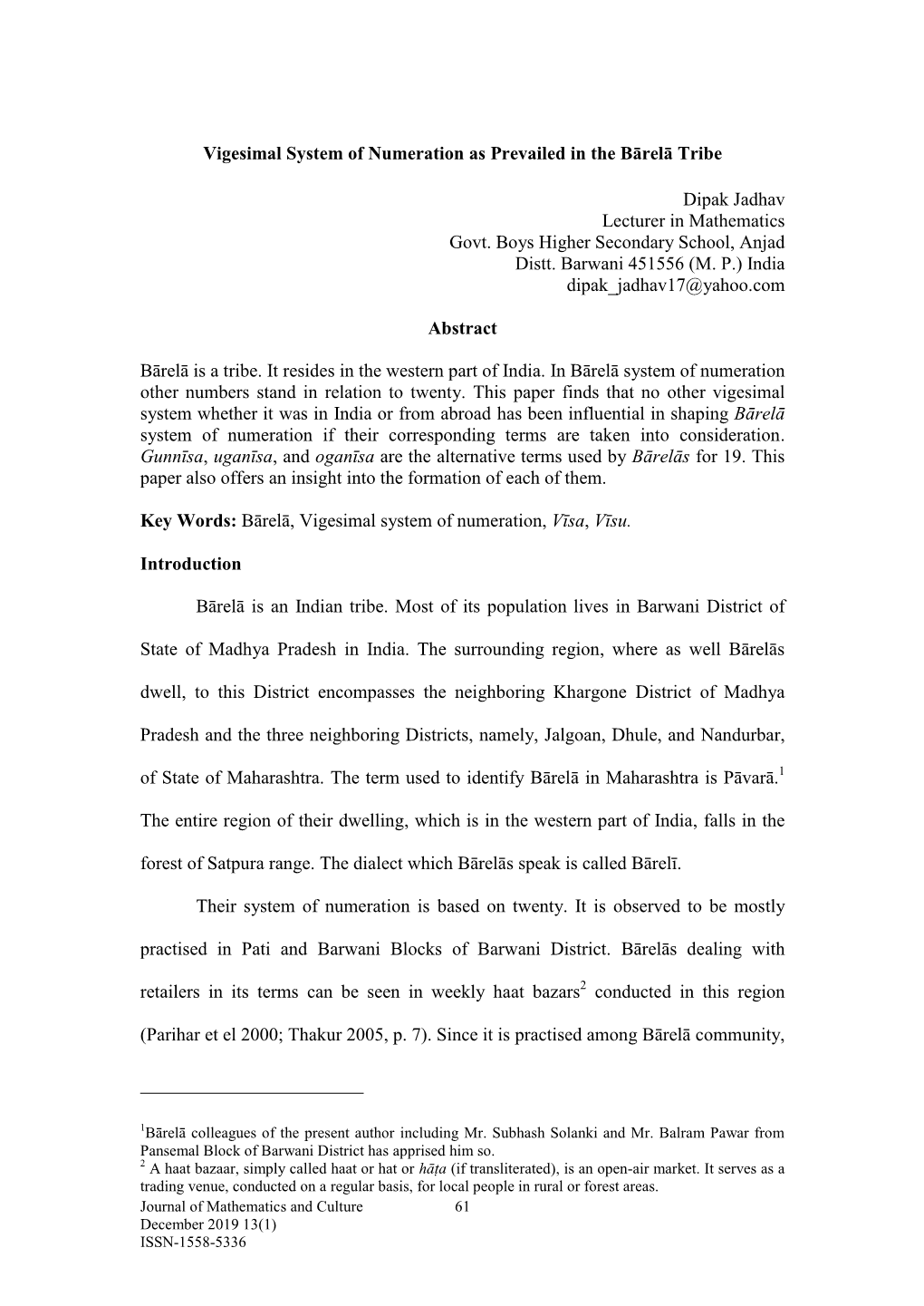 Vigesimal System of Numeration As Prevailed in the Bārelā Tribe Dipak