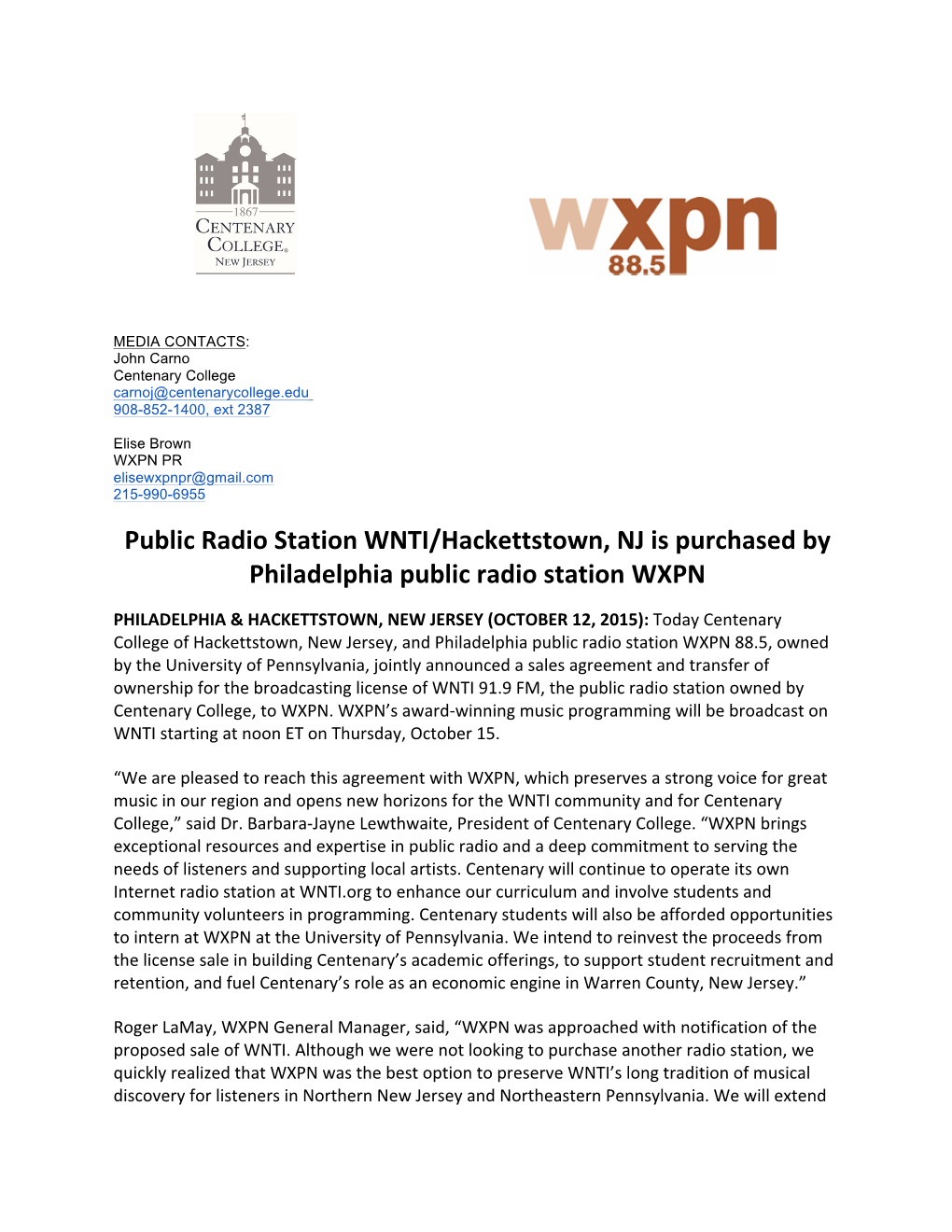 Public Radio Station WNTI/Hackettstown, NJ Is Purchased by Philadelphia Public Radio Station WXPN