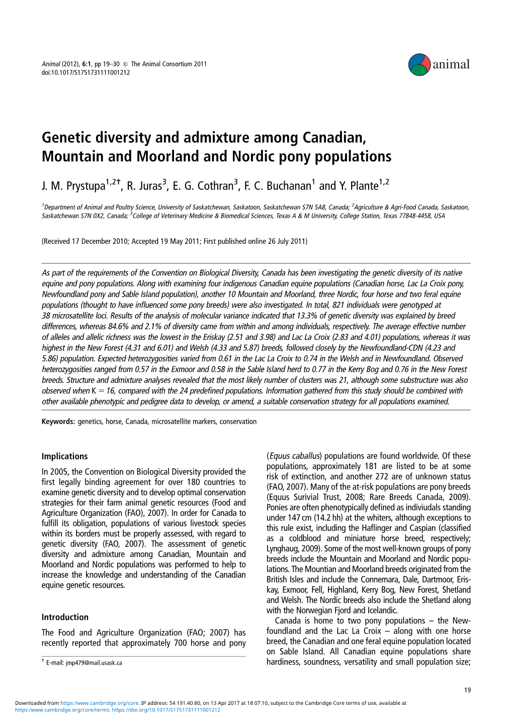 Genetic Diversity and Admixture Among Canadian, Mountain and Moorland and Nordic Pony Populations