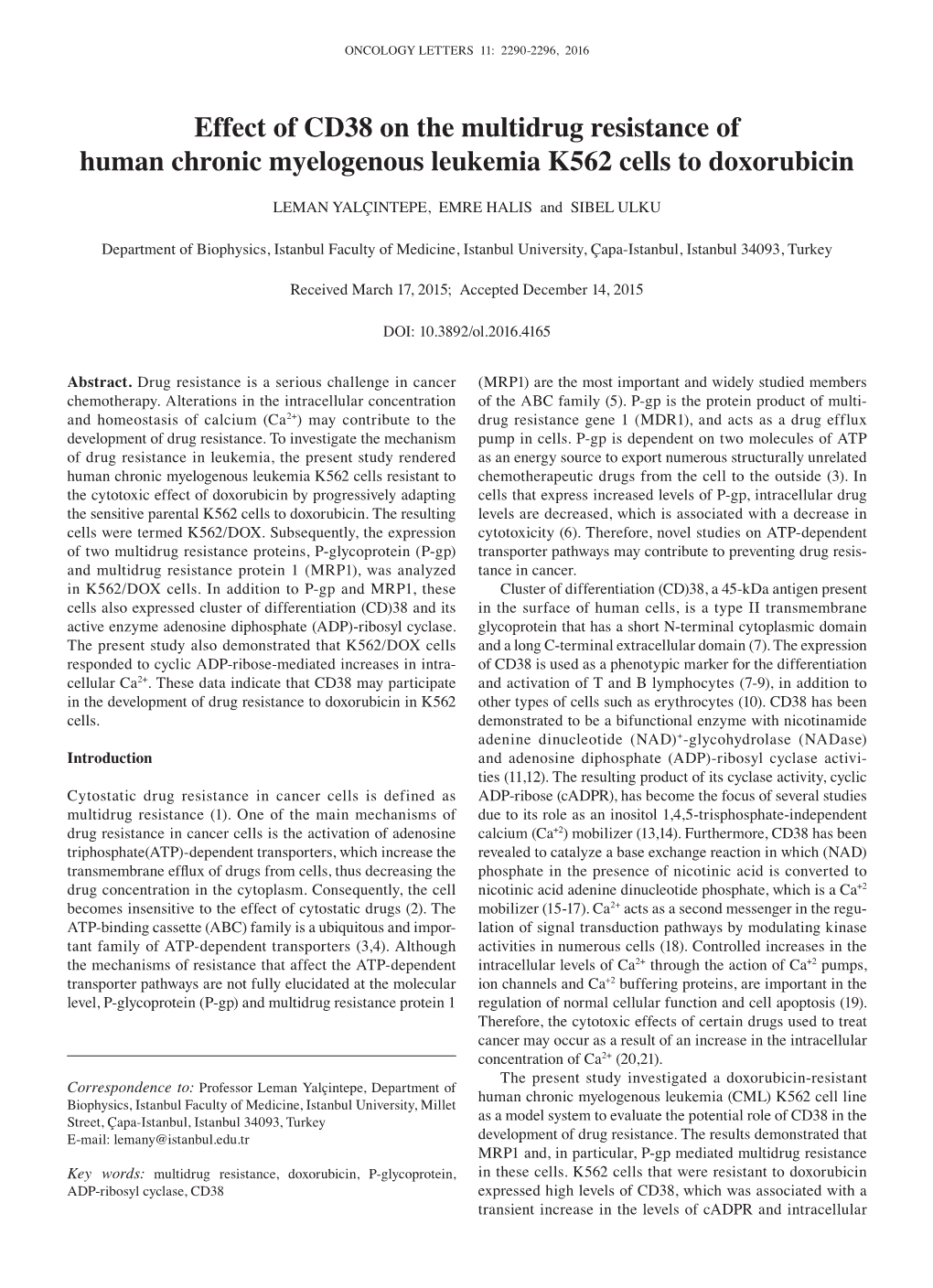 Effect of CD38 on the Multidrug Resistance of Human Chronic Myelogenous Leukemia K562 Cells to Doxorubicin