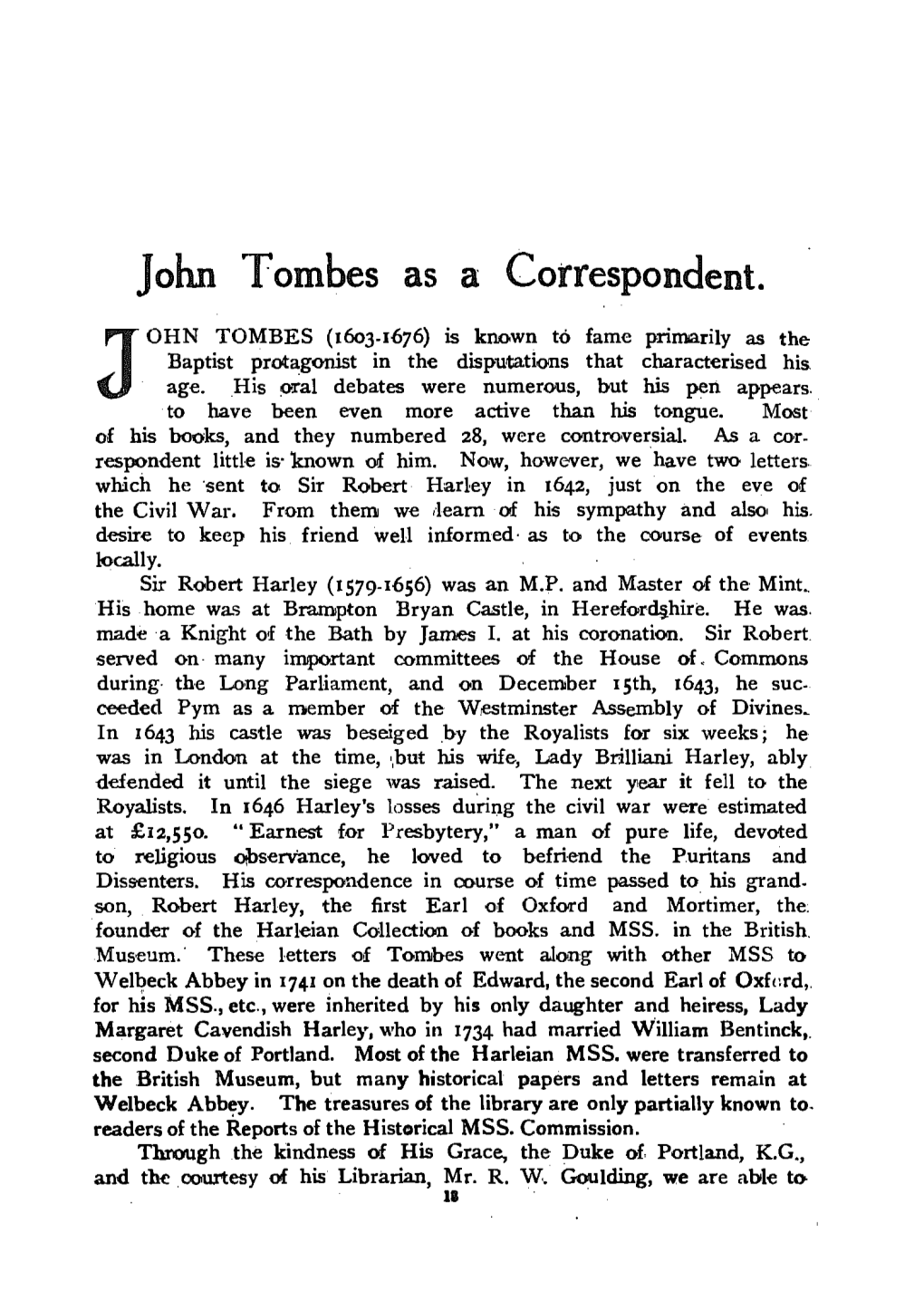 John Tombes As a Correspondent