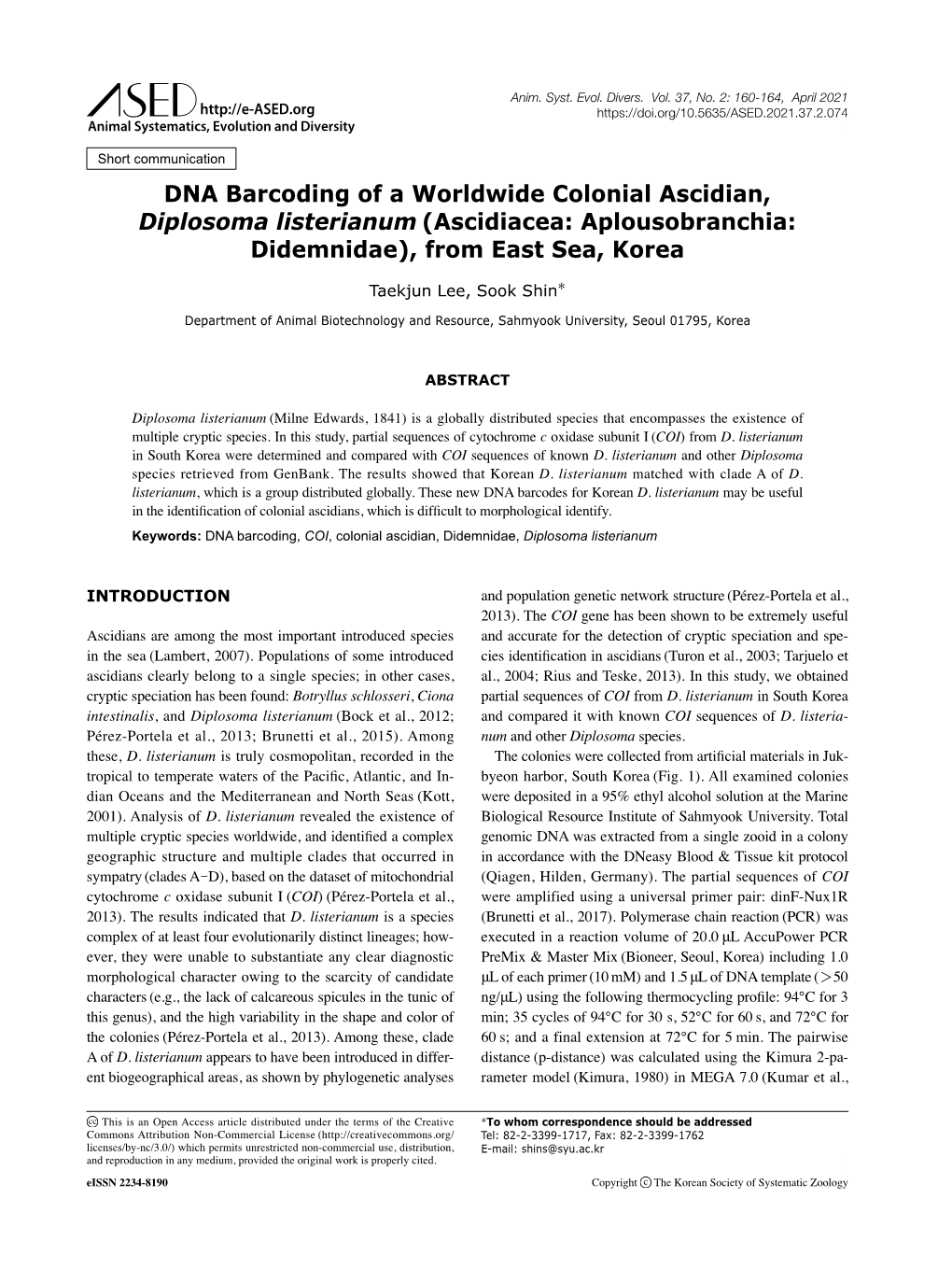 DNA Barcoding of a Worldwide Colonial Ascidian, Diplosoma Listerianum (Ascidiacea: Aplousobranchia: Didemnidae), from East Sea, Korea