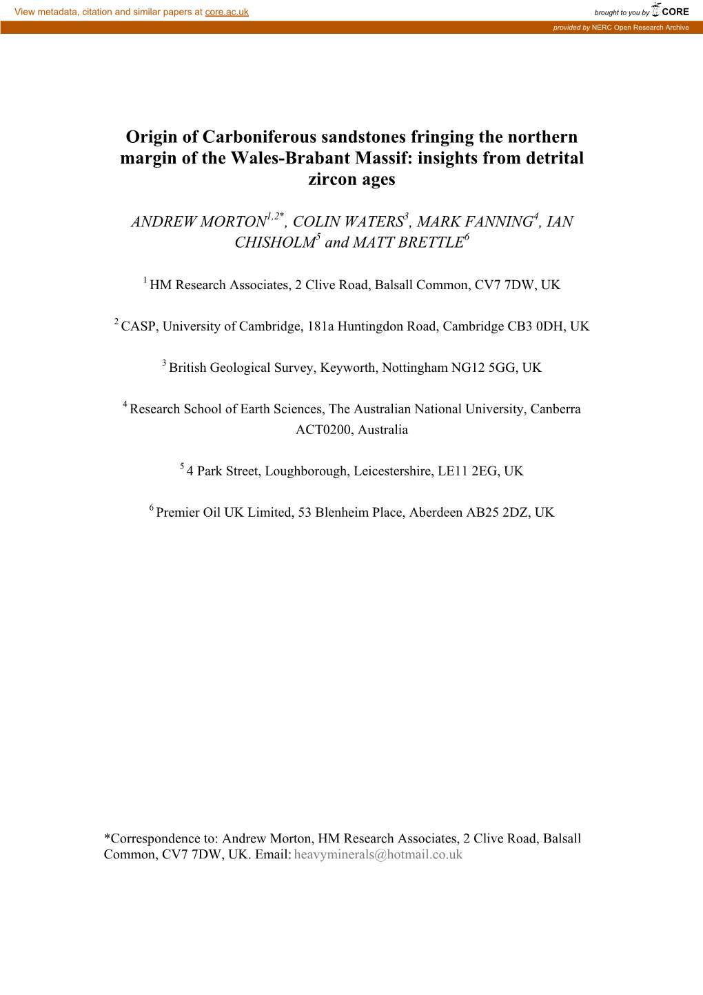 Origin of Carboniferous Sandstones Fringing the Northern Margin of the Wales-Brabant Massif: Insights from Detrital Zircon Ages