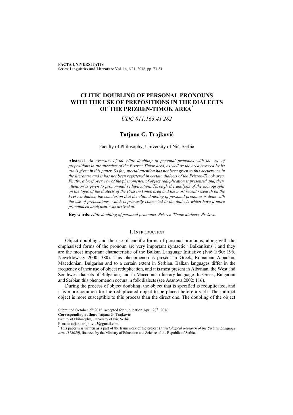 Clitic Doubling of Personal Pronouns with the Use of Prepositions in the Dialects of the Prizren-Timok Area Udc 811.163.41'28