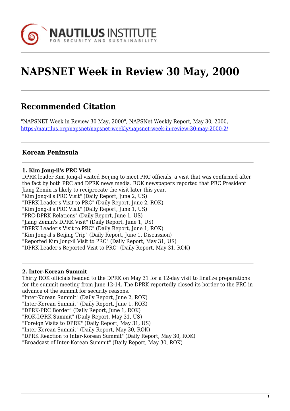 NAPSNET Week in Review 30 May, 2000