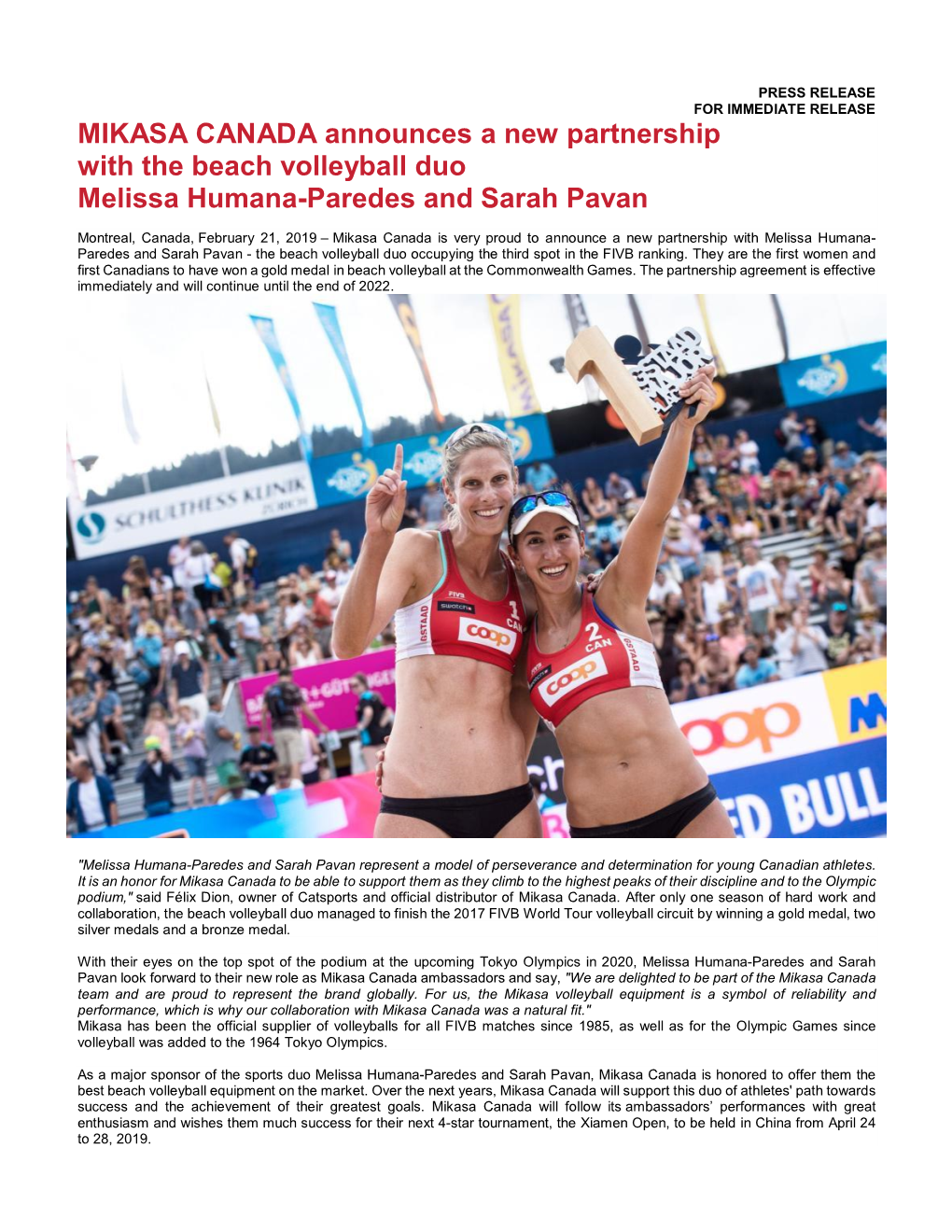 MIKASA CANADA Announces a New Partnership with the Beach Volleyball Duo Melissa Humana-Paredes and Sarah Pavan