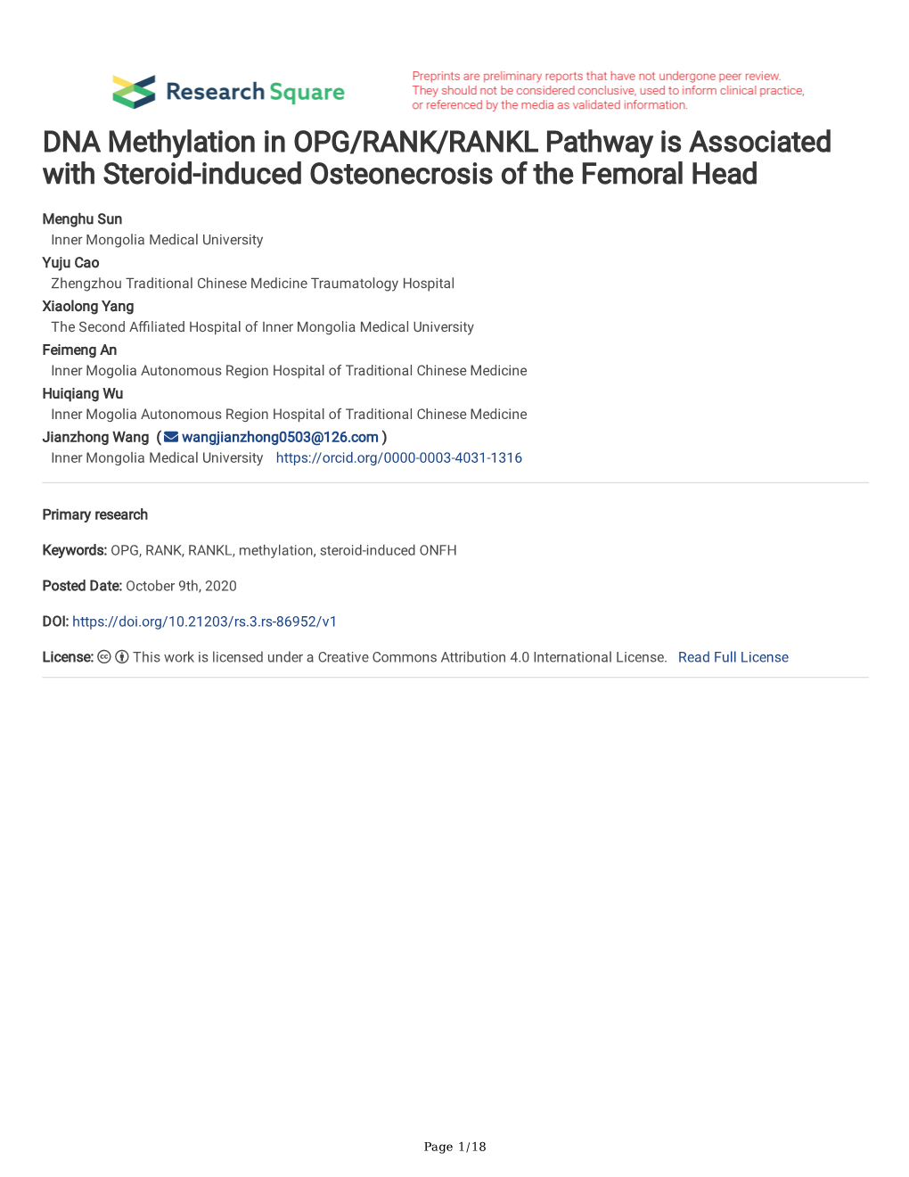DNA Methylation in OPG/RANK/RANKL Pathway Is Associated with Steroid-Induced Osteonecrosis of the Femoral Head