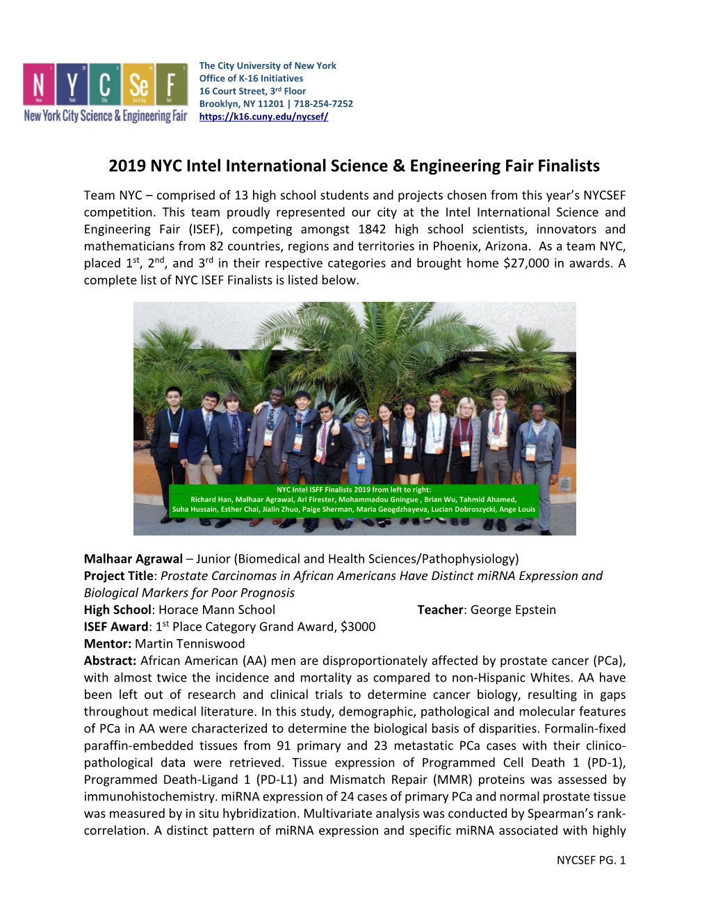 2019 NYC Intel International Science & Engineering Fair Finalists
