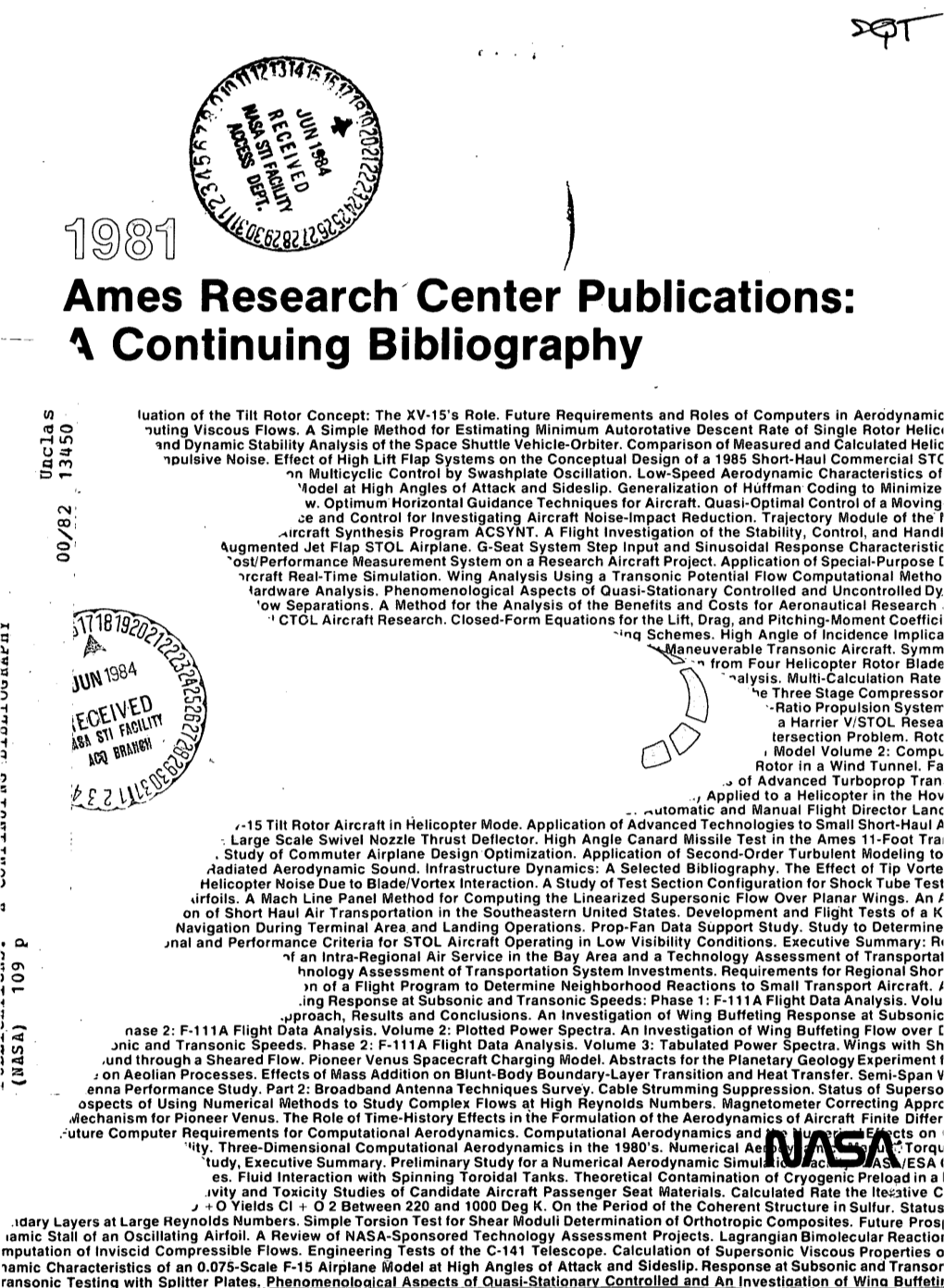 Ames Research Center Publications: Continuing Bibliography