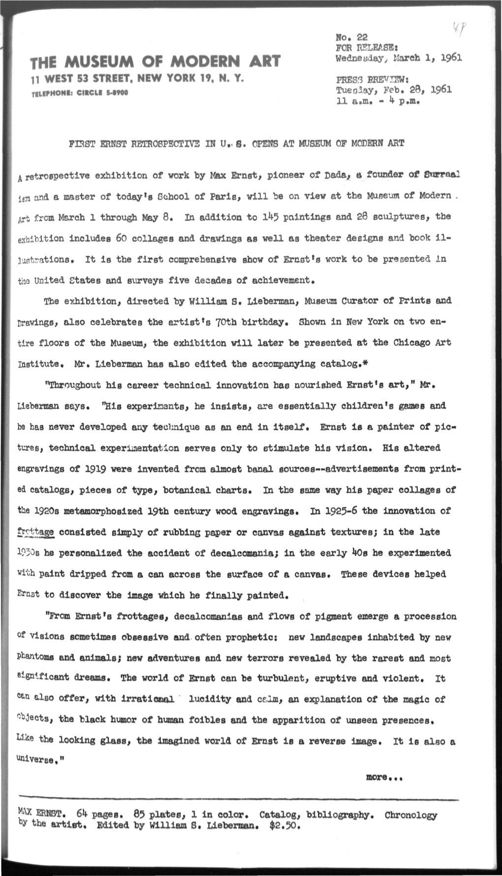 THE MUSEUM of MODERN ART Wednesday> March 1, 1961 11 WEST 53 STREET, NEW YORK 19, N