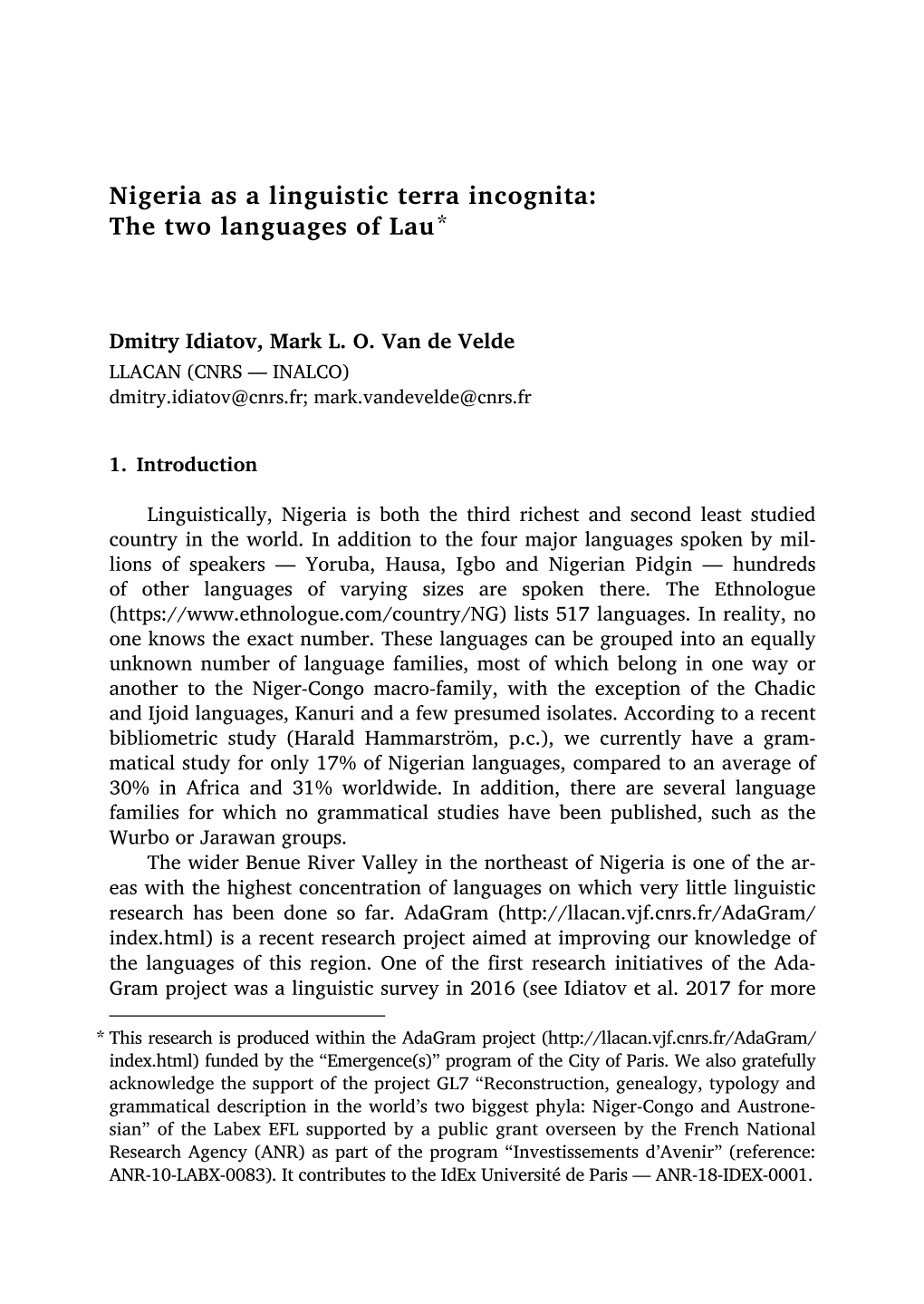 Nigeria As a Linguistic Terra Incognita: the Two Languages of Lau*