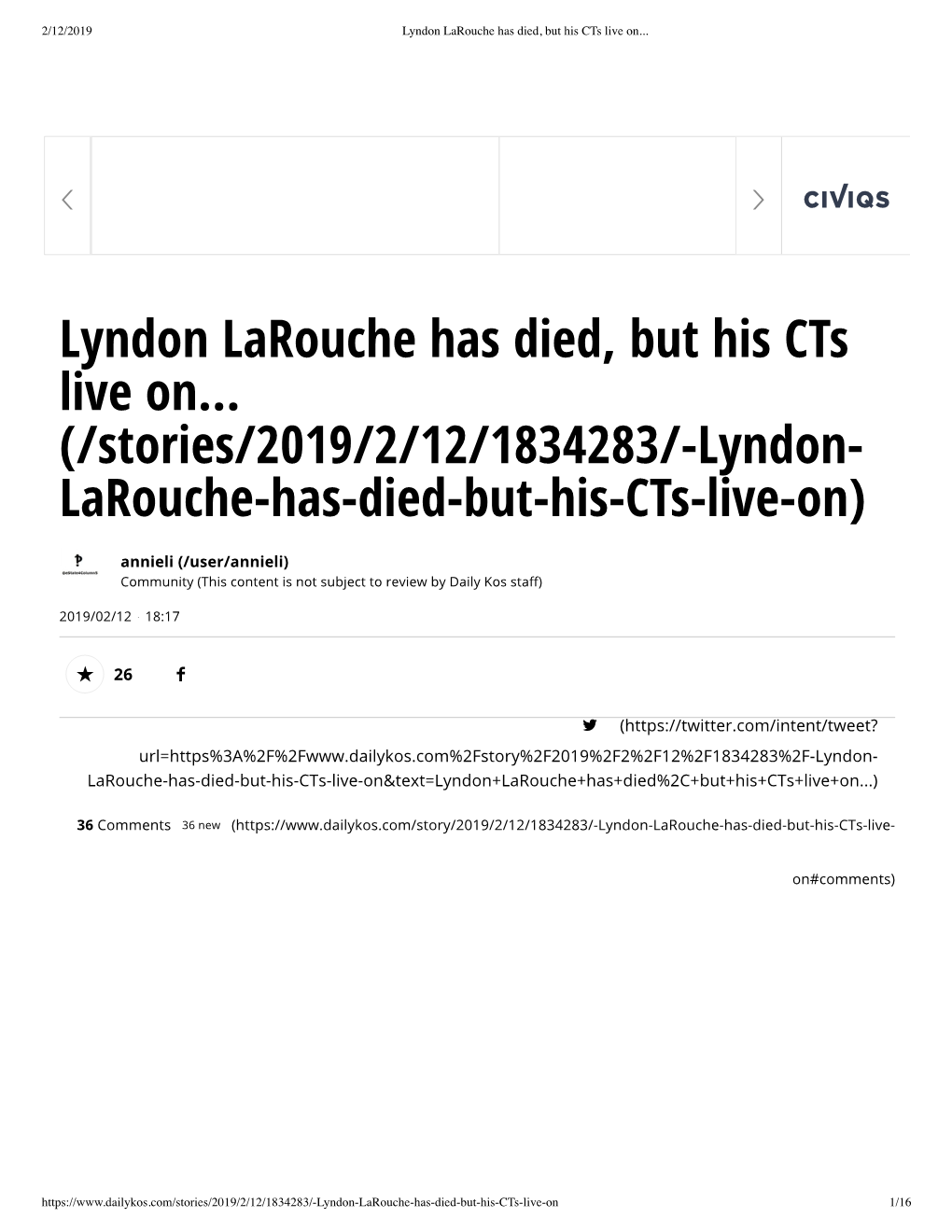 Lyndon Larouche Has Died, but His Cts Live On