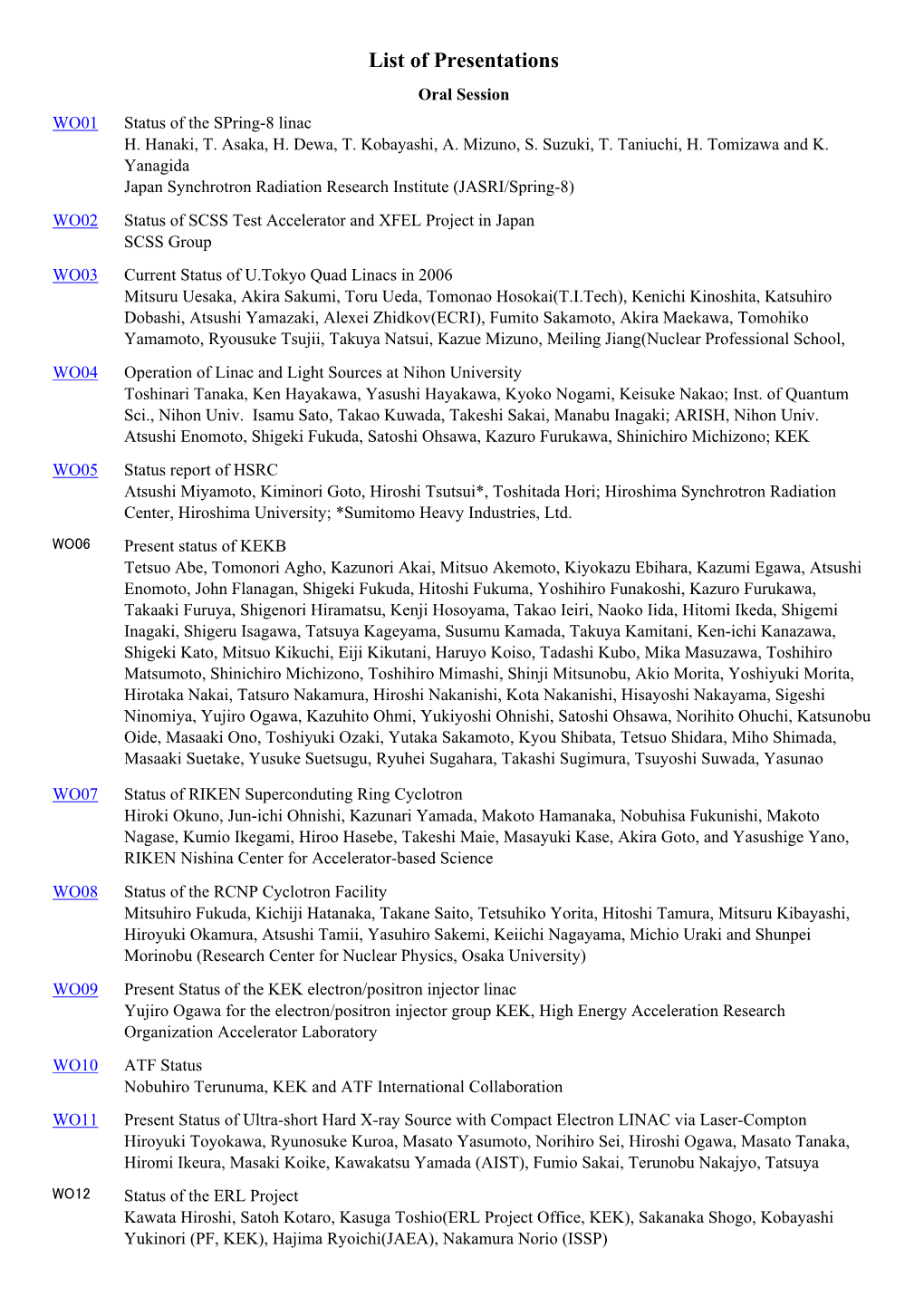 List of Presentations Oral Session WO01 Status of the Spring-8 Linac H