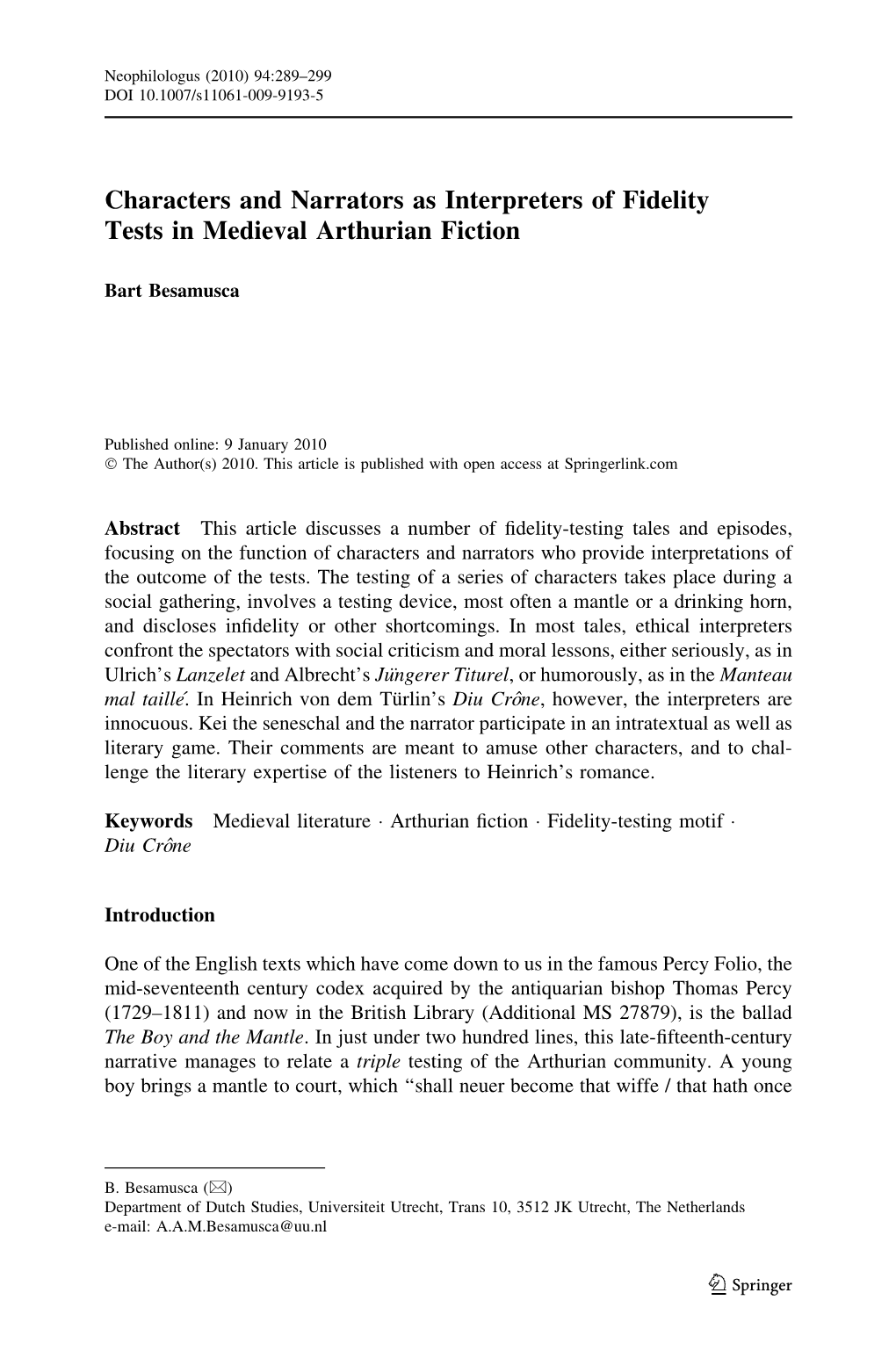 Characters and Narrators As Interpreters of Fidelity Tests in Medieval Arthurian Fiction