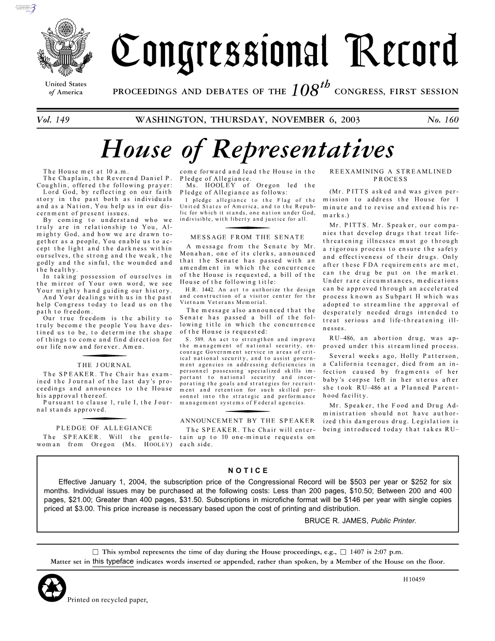 Congressional Record United States Th of America PROCEEDINGS and DEBATES of the 108 CONGRESS, FIRST SESSION