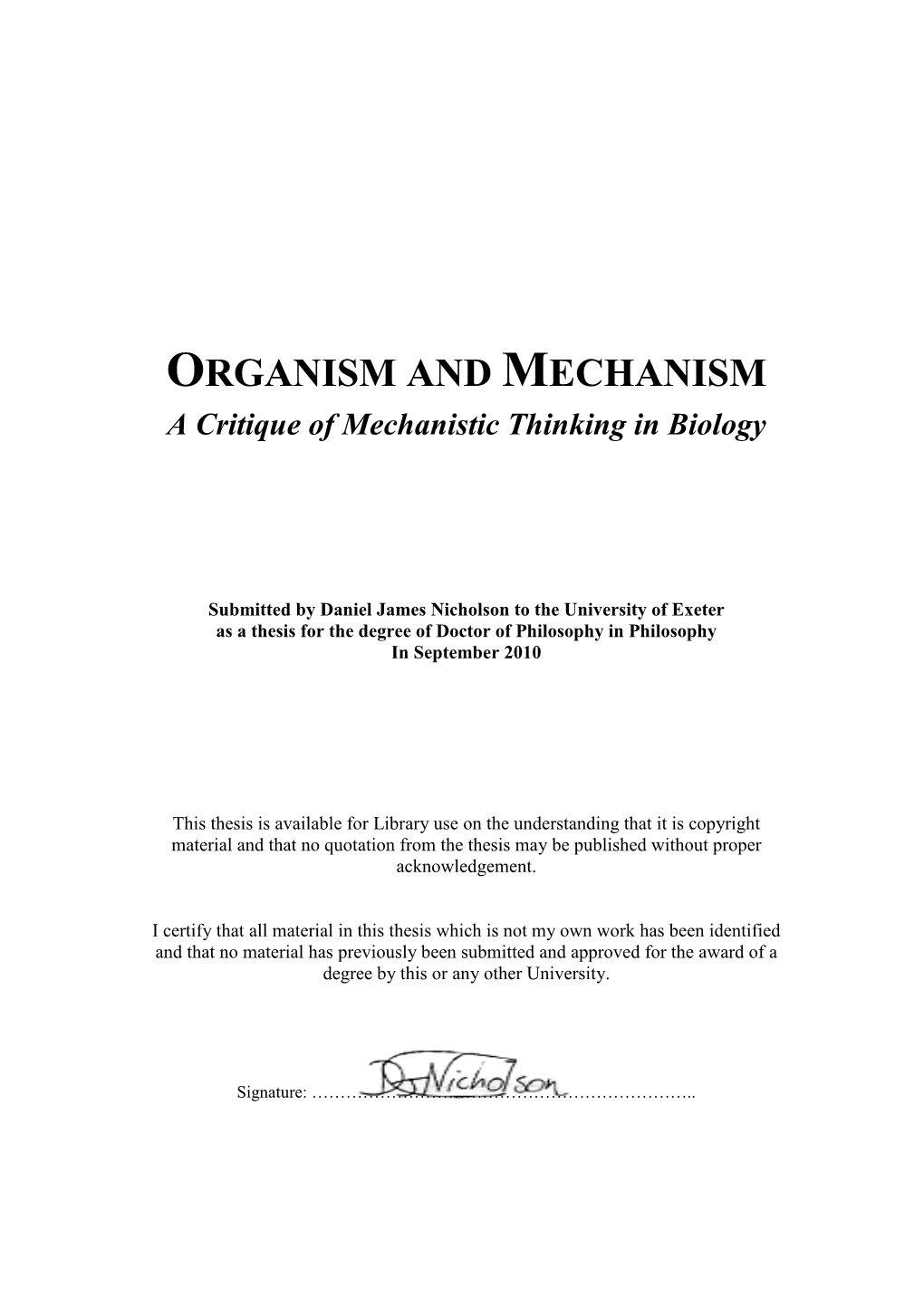 Organism and Mechanism