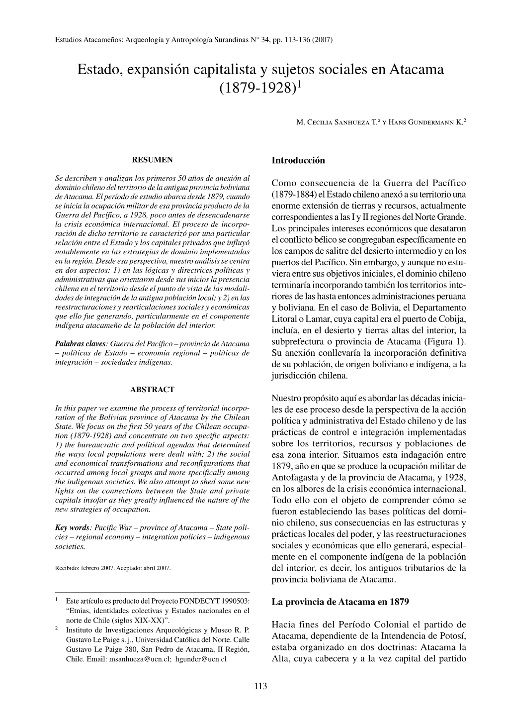 Estado, Expansión Capitalista Y Sujetos Sociales En Atacama (1879-1928)1