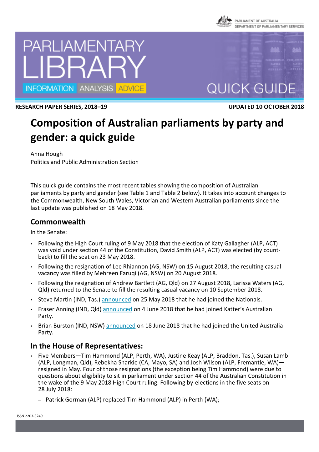 Composition of Australian Parliaments by Party and Gender: a Quick Guide