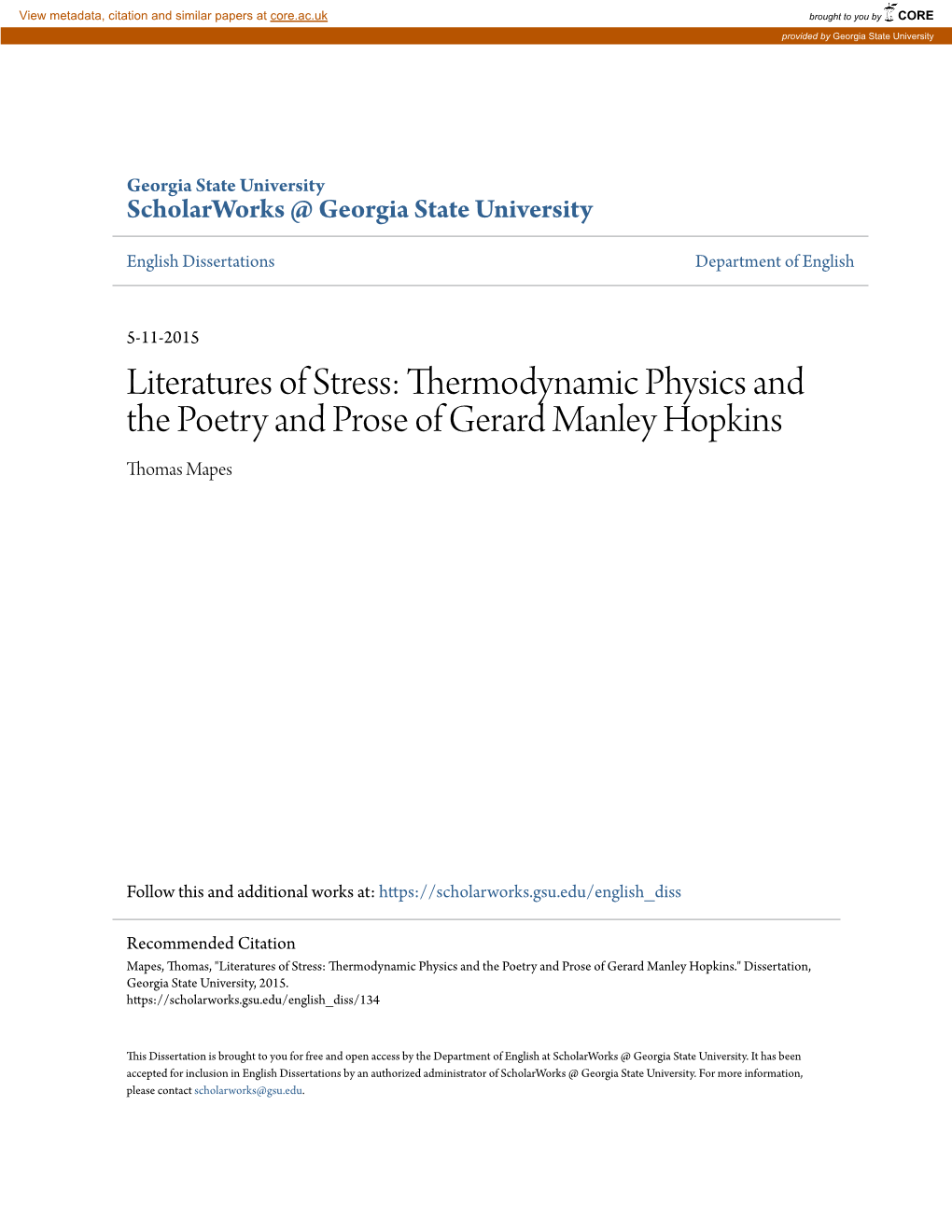 Literatures of Stress: Thermodynamic Physics and the Poetry and Prose of Gerard Manley Hopkins Thomas Mapes