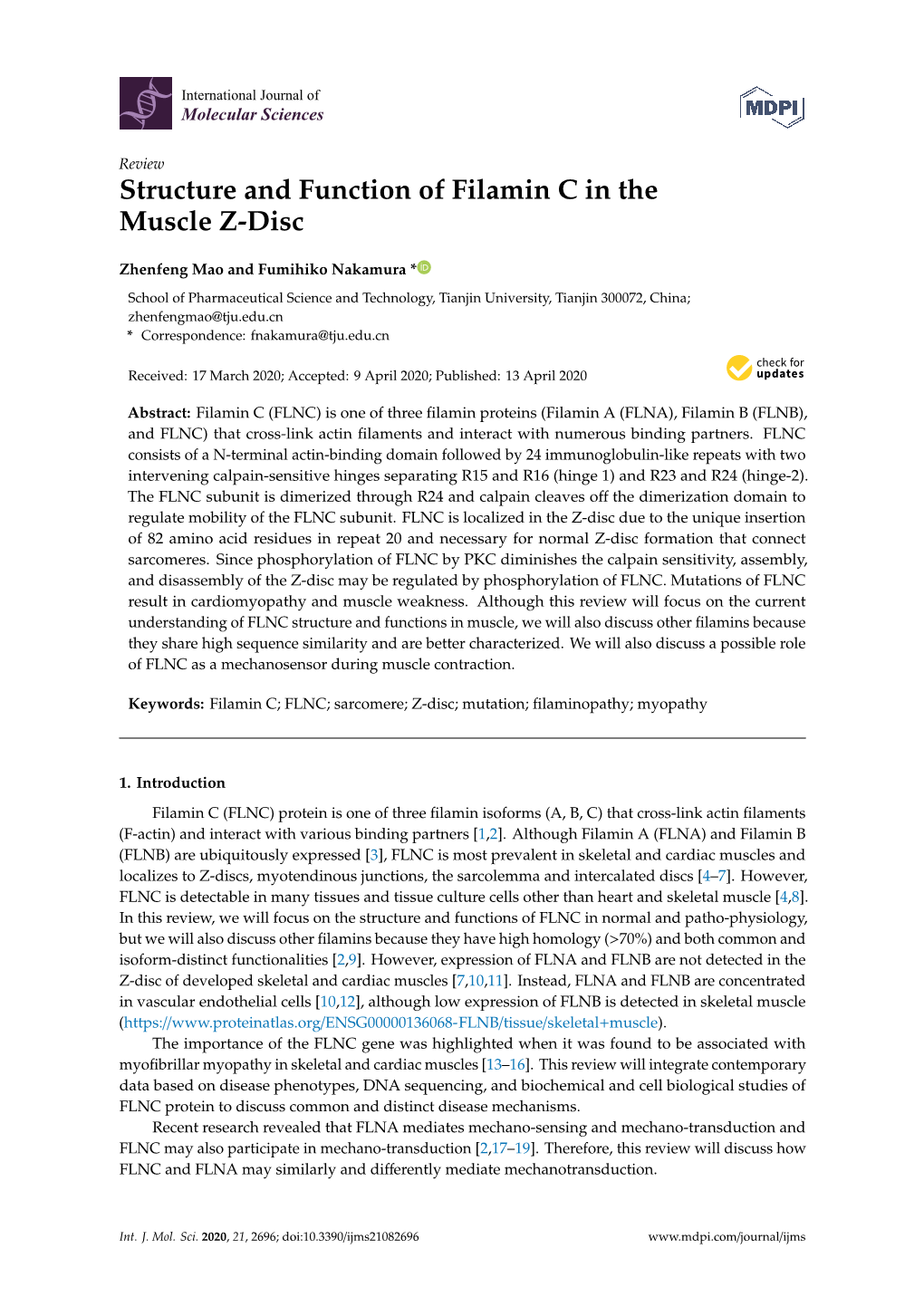 Structure and Function of Filamin C in the Muscle Z-Disc