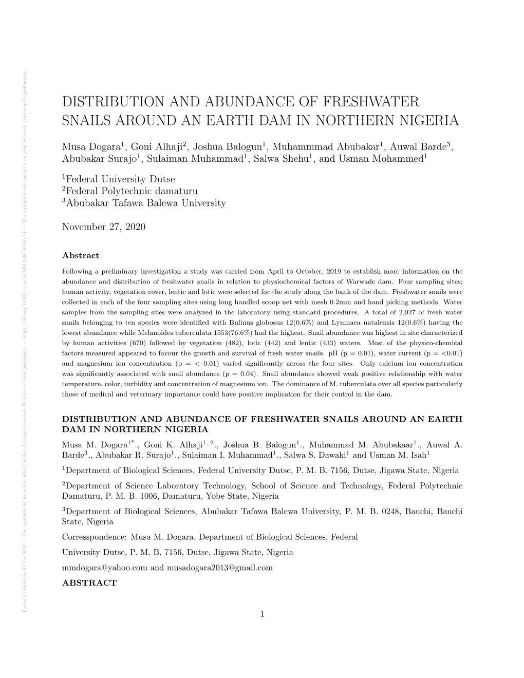 Distribution and Abundance of Freshwater Snails