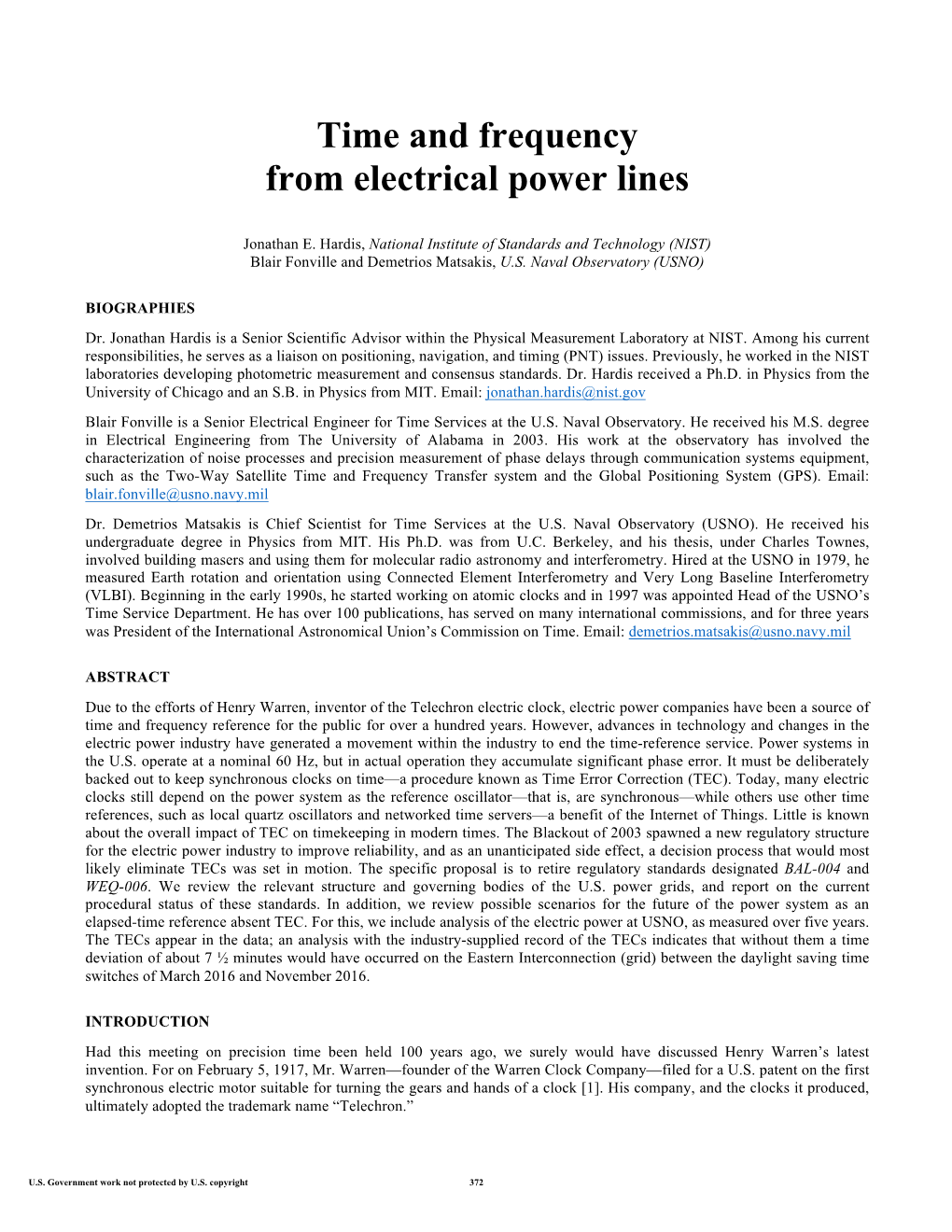 Time and Frequency from Electrical Power Lines