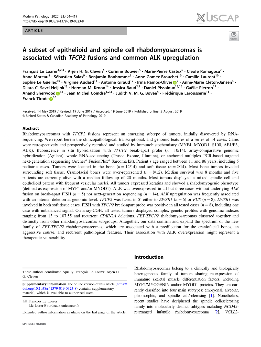 A Subset of Epithelioid and Spindle Cell Rhabdomyosarcomas Is Associated with TFCP2 Fusions and Common ALK Upregulation