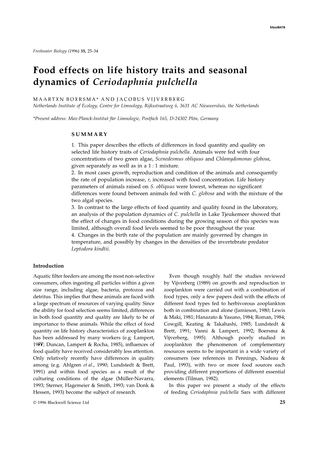 Food Effects on Life History Traits and Seasonal Dynamics of Ceriodaphnia Pulchella