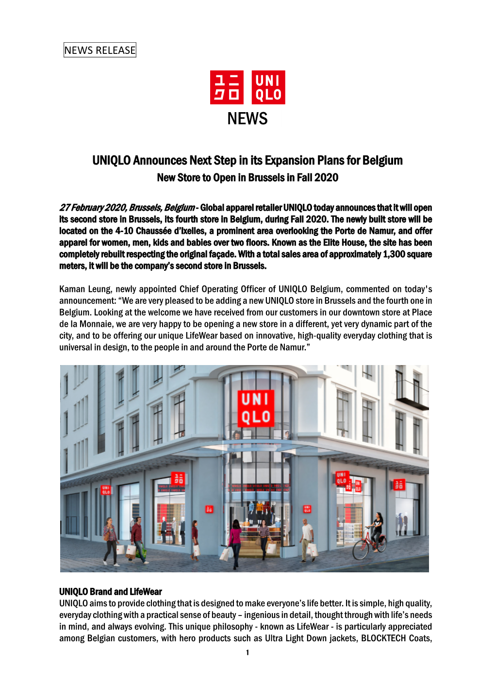 UNIQLO Announces Next Step in Its Expansion Plans for Belgium