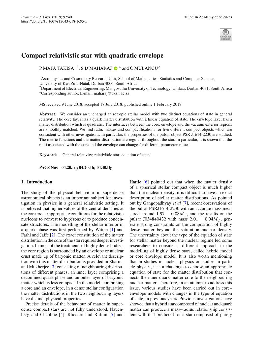 Compact Relativistic Star with Quadratic Envelope