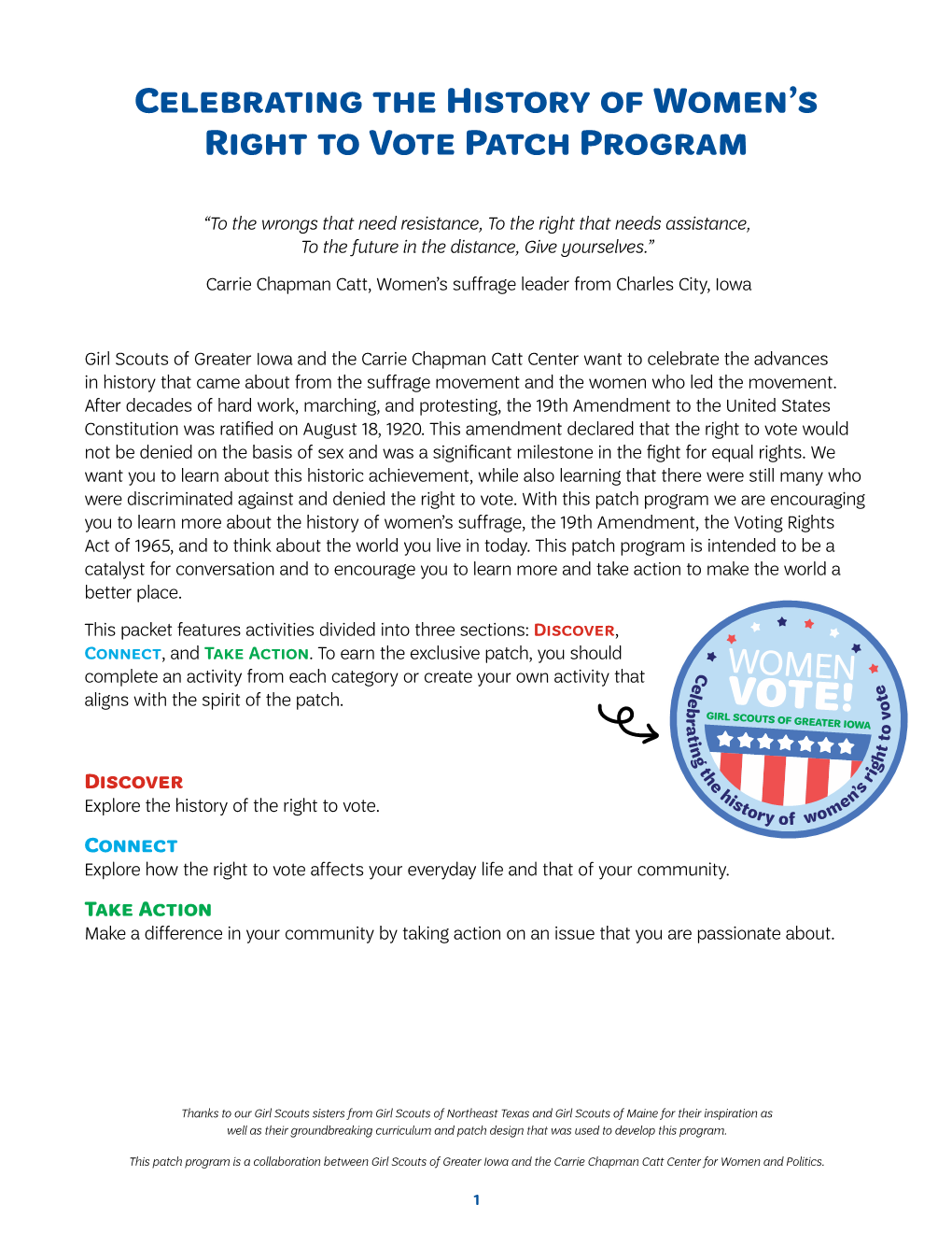 Celebrating the History of Women's Right to Vote Patch Program