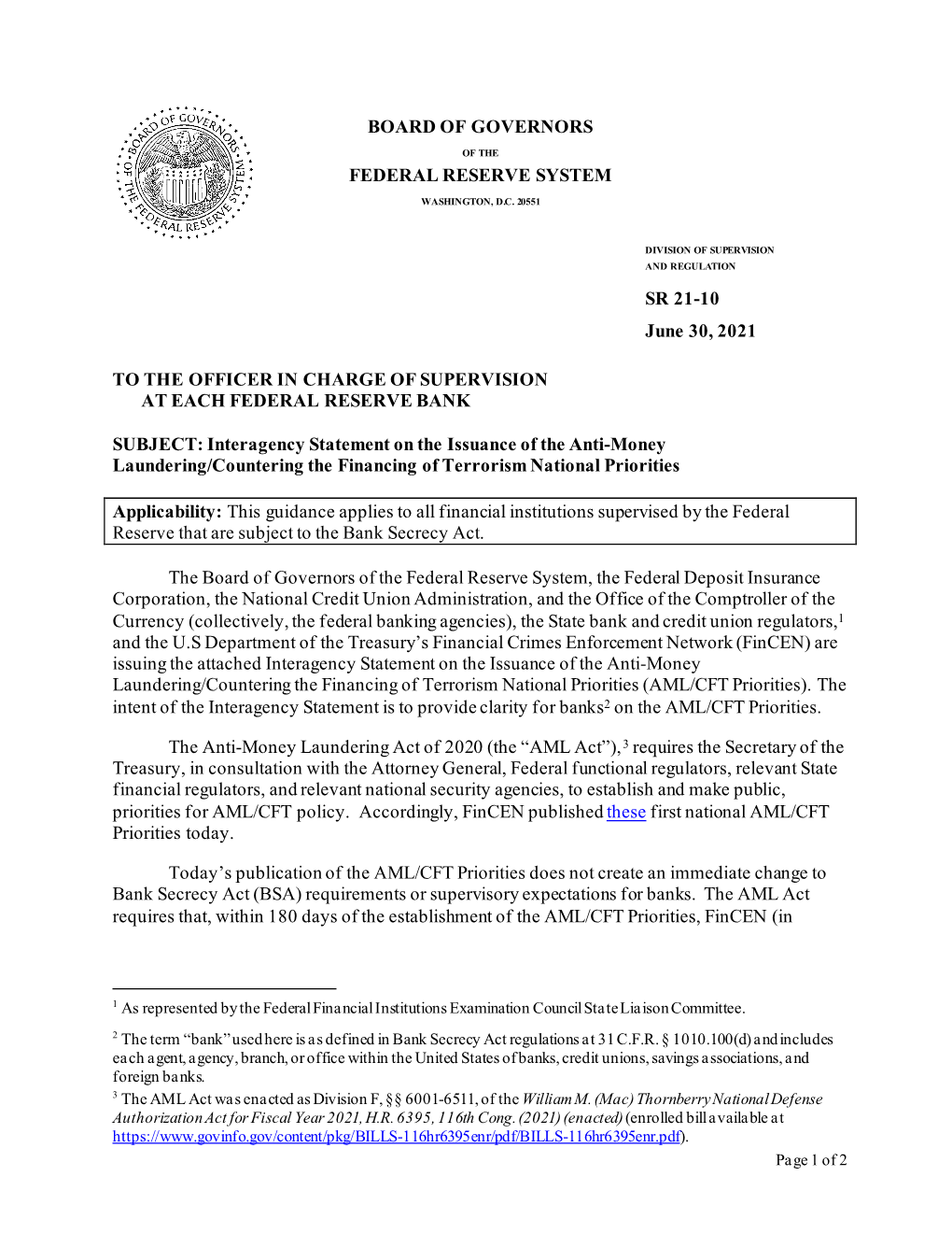 FRB: Supervisory Letter SR 21-10 on Interagency Statement on The