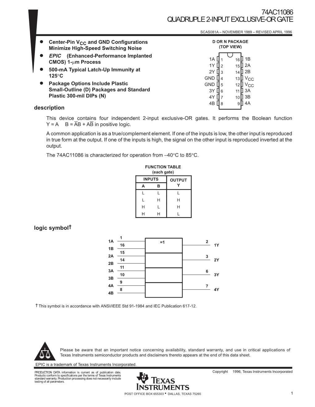 Quadruple 2-Input Exclusive-OR Gate Datasheet