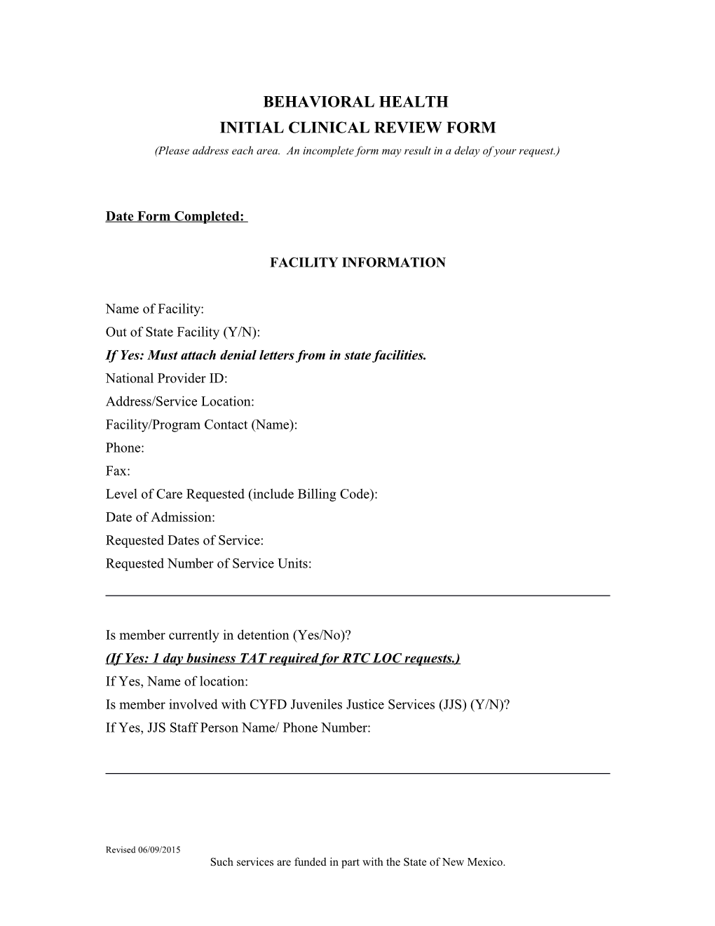 Initial Clinical Review Form