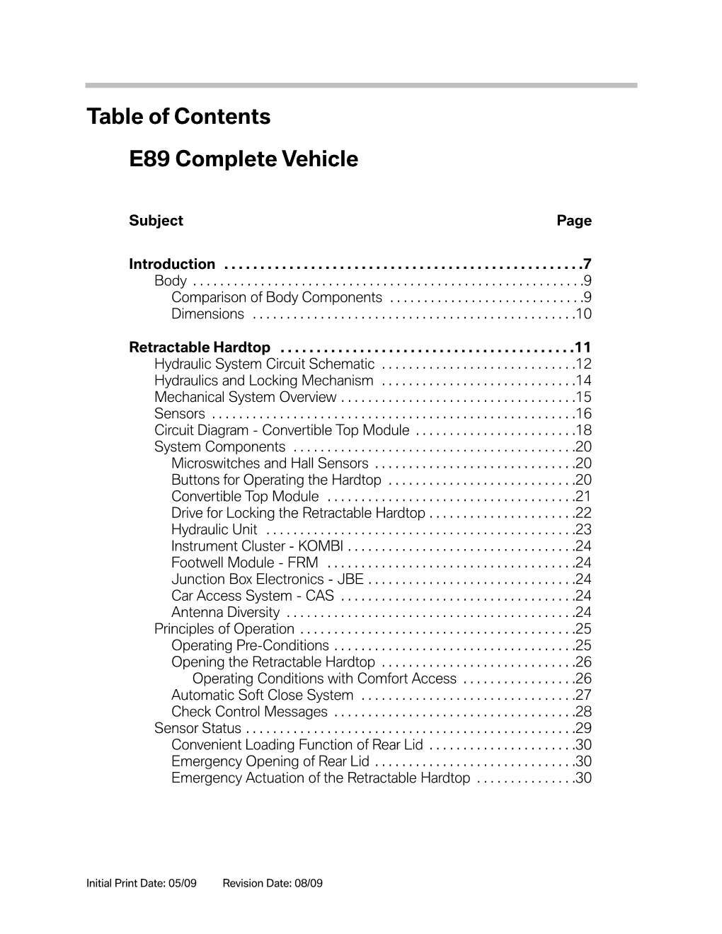 E89 Complete Vehicle Table of Contents