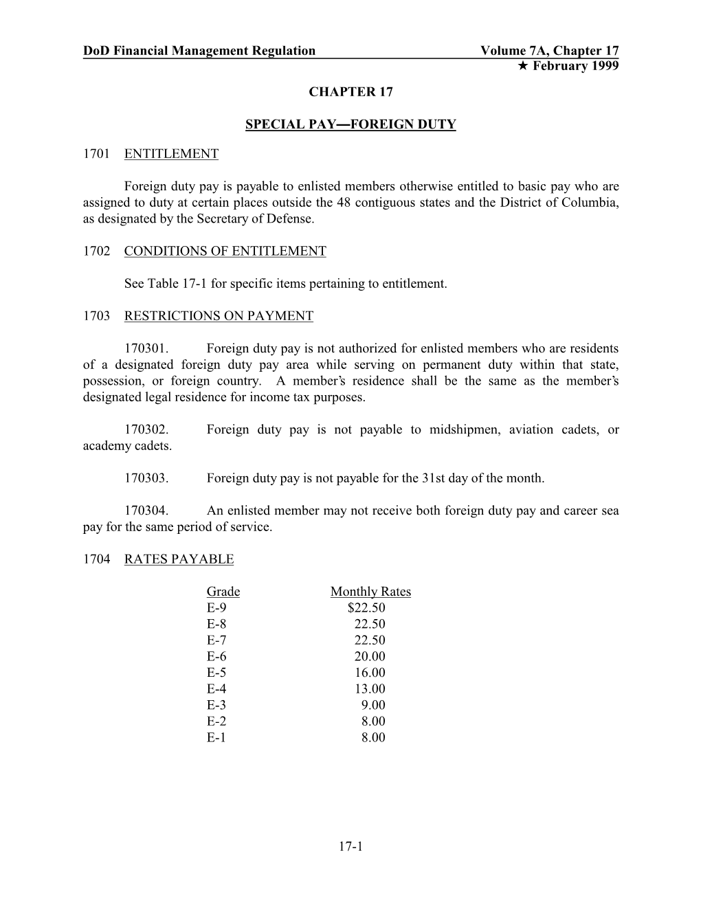 Dod Financial Management Regulation Volume 7A, Chapter 17 ★ February 1999 CHAPTER 17