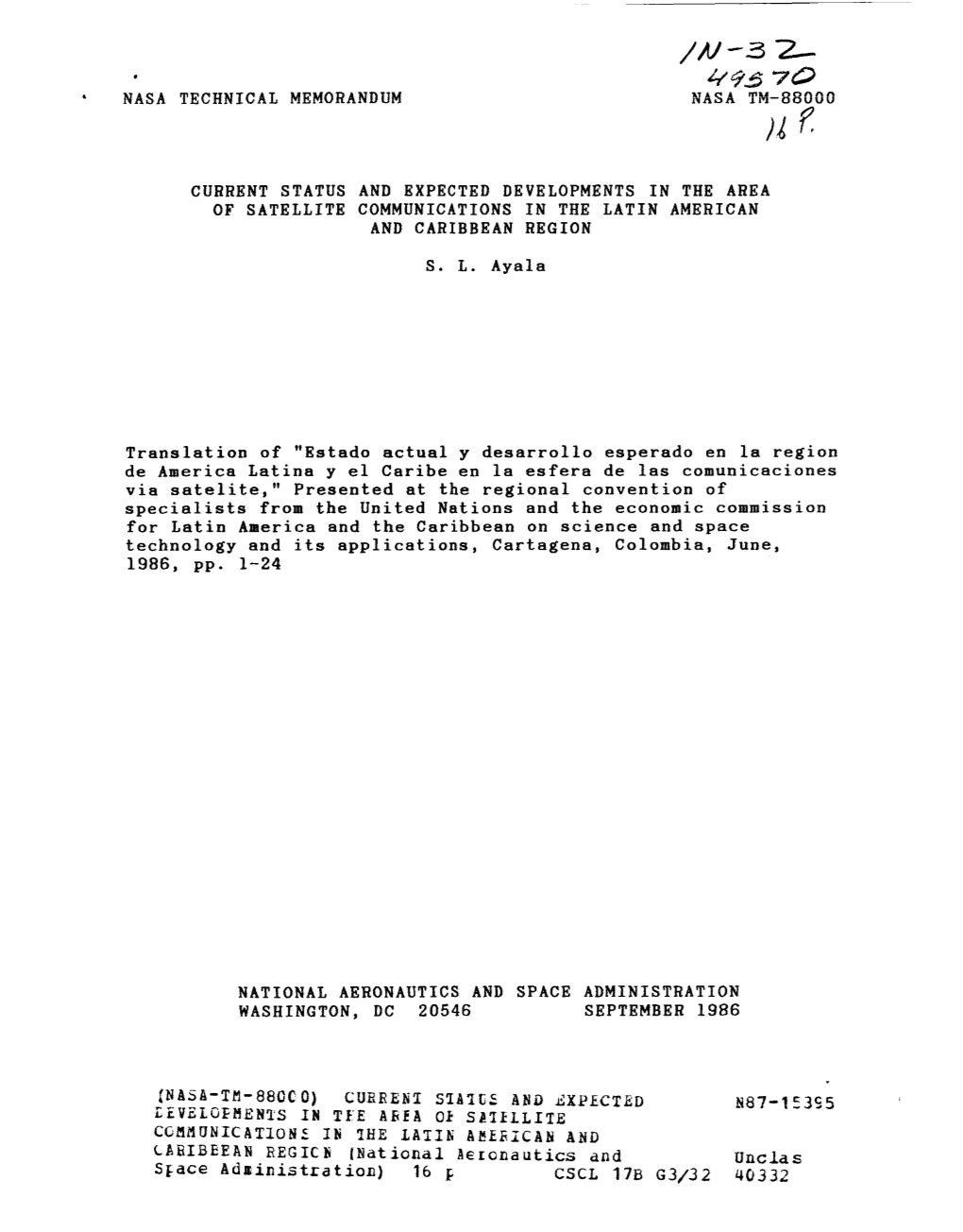 N-3 3 E 493 70 a NASA TECHNICAL MEMORANDUM NASA TM-88000 ,A