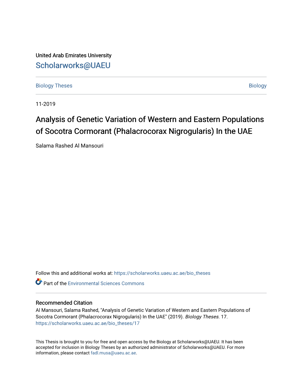 Analysis of Genetic Variation of Western and Eastern Populations of Socotra Cormorant (Phalacrocorax Nigrogularis) in the UAE