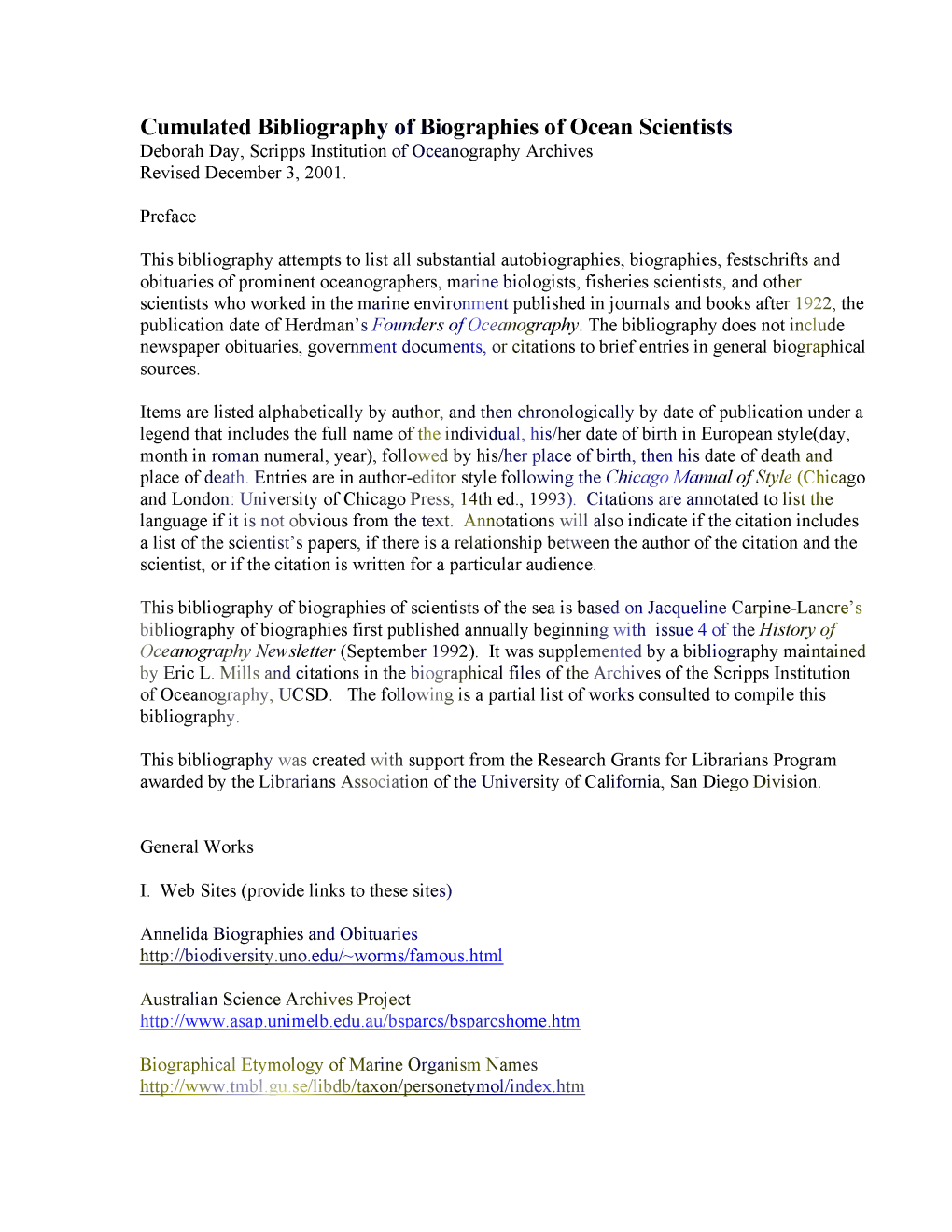 Cumulated Bibliography of Biographies of Ocean Scientists Deborah Day, Scripps Institution of Oceanography Archives Revised December 3, 2001