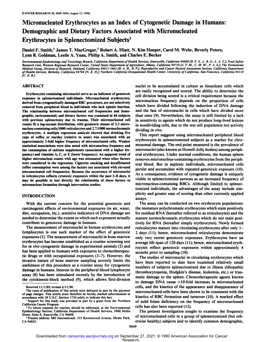 Micronucleated Erythrocytes As an Index of Cytogenetic Damage In