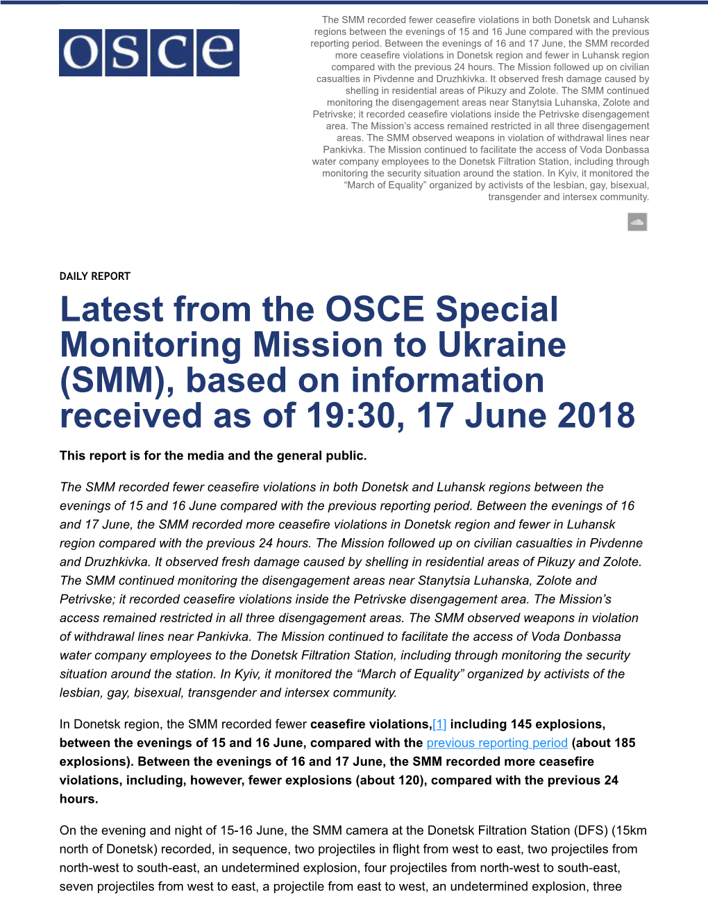Latest from the OSCE Special Monitoring Mission to Ukraine (SMM), Based on Information Received As of 19:30, 17 June 2018