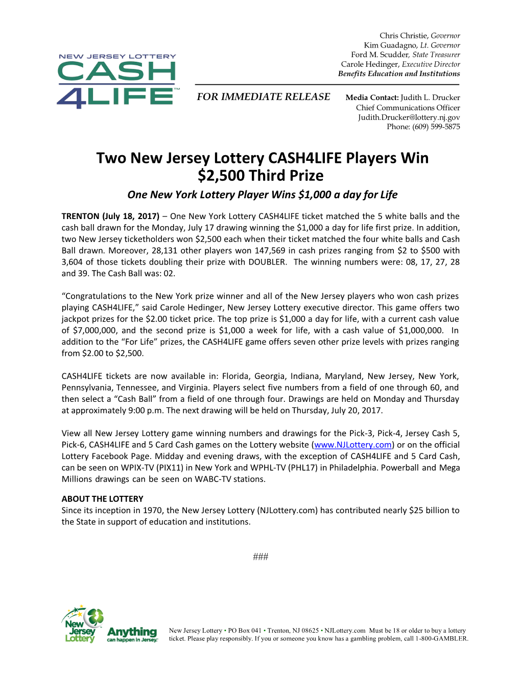 Two New Jersey Lottery CASH4LIFE Players Win $2,500 Third Prize One New York Lottery Player Wins $1,000 a Day for Life