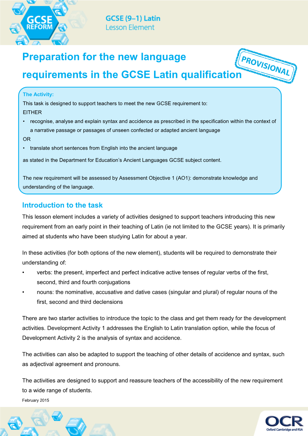 GCSE (9-1) Latin Lesson Element Teachers' Instructions