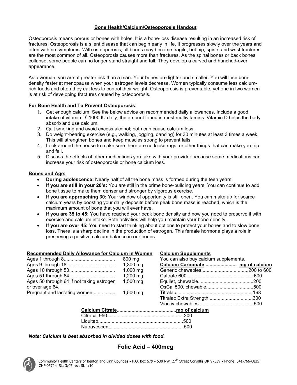 Bone Health/Calcium/Osteoporosis Handout