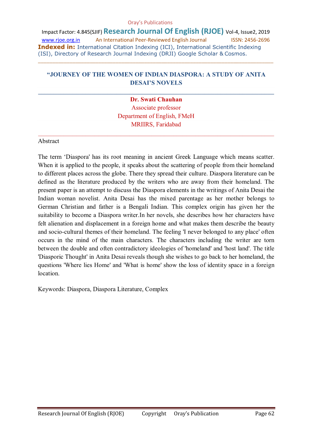 Impact Factor: 4.845(SJIF) Research Journal of English (RJOE) Vol-4, Issue2, 2019