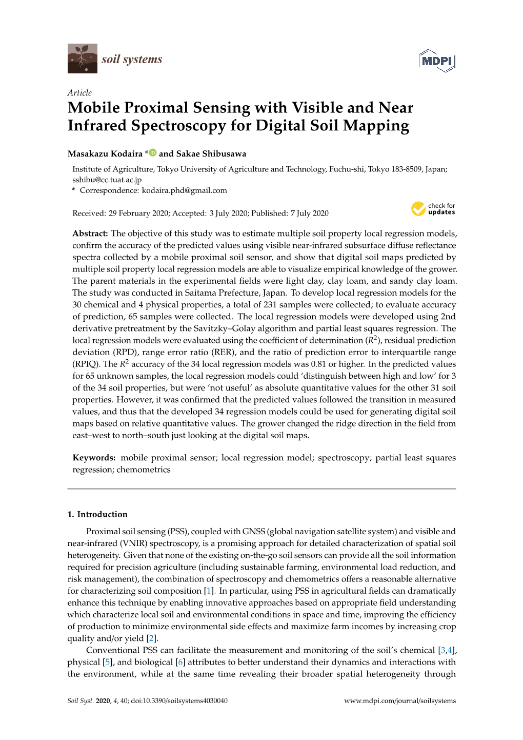 Mobile Proximal Sensing with Visible and Near Infrared Spectroscopy for Digital Soil Mapping