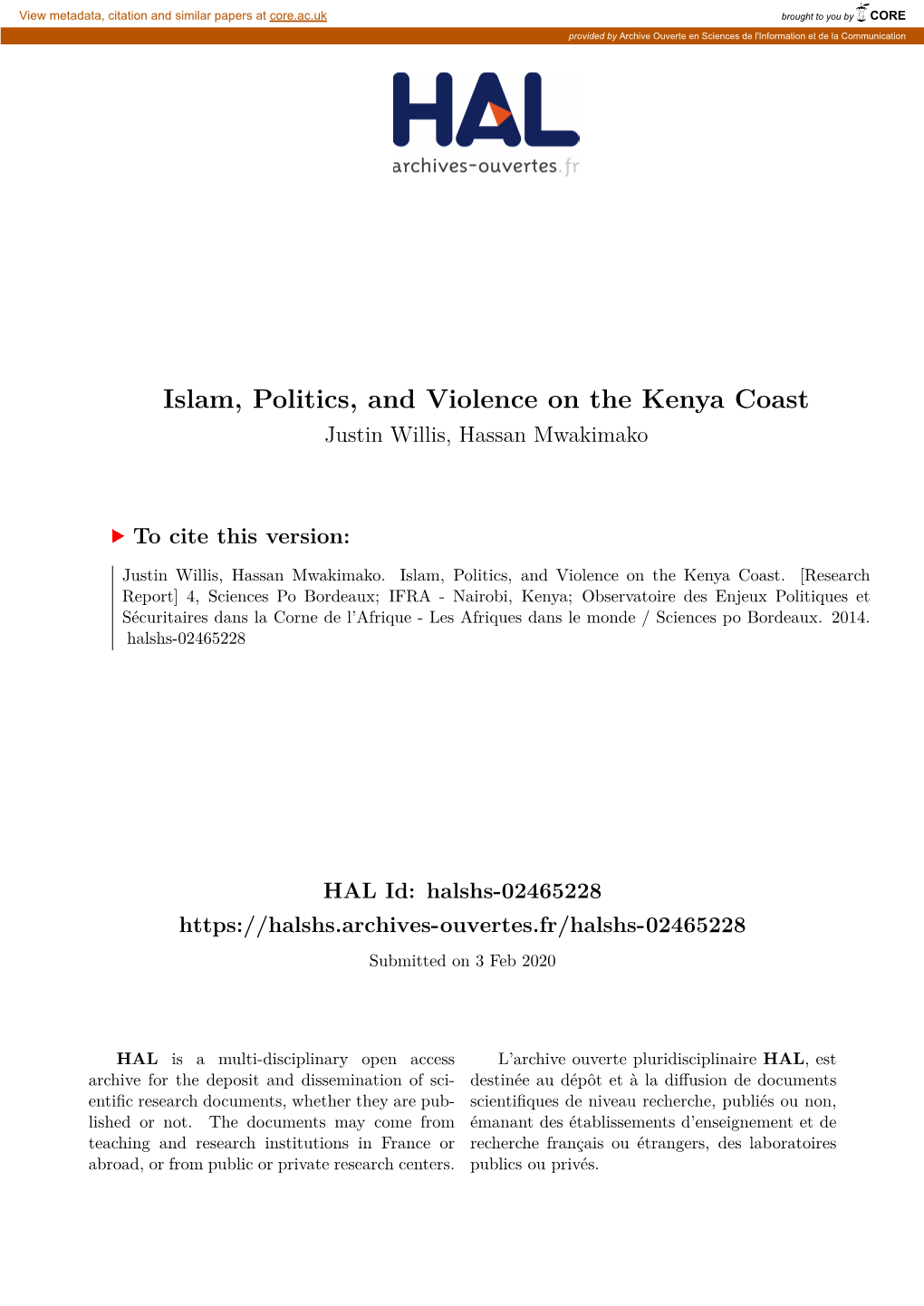 Islam, Politics, and Violence on the Kenya Coast Justin Willis, Hassan Mwakimako