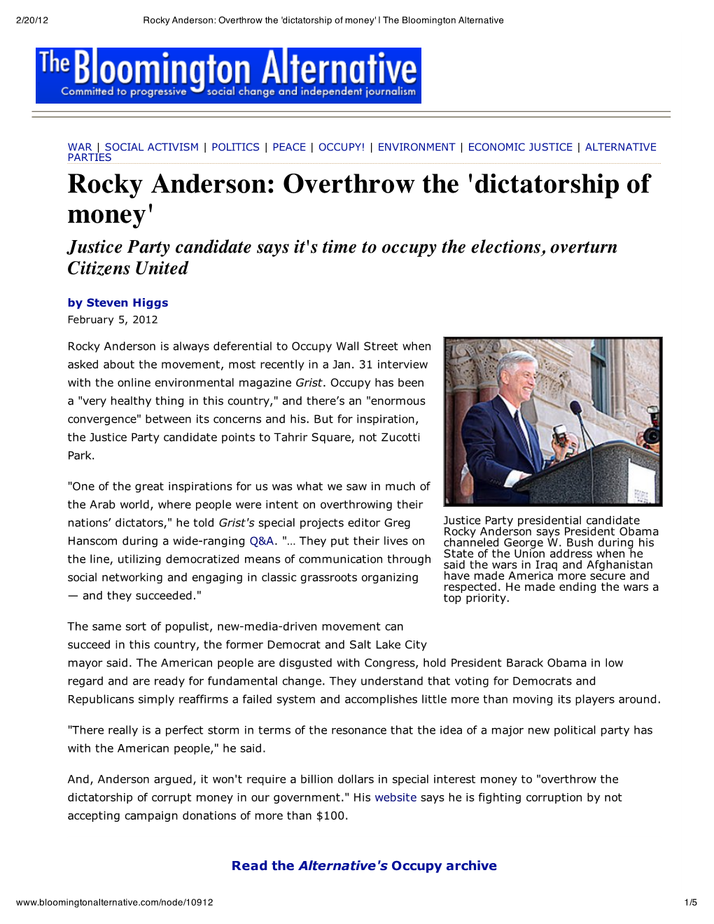 Rocky Anderson: Overthrow the 'Dictatorship of Money' | the Bloomington Alternative